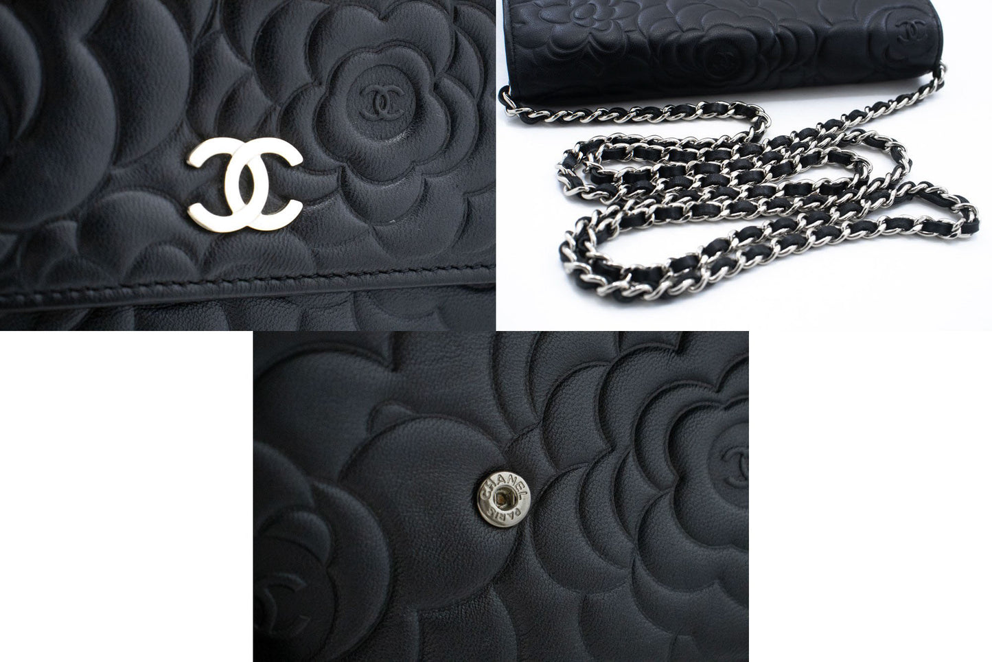 CHANEL Schwarze Camellia Prägung Geldbörse mit Kette WOC Schultertasche ab6 hannari-shop