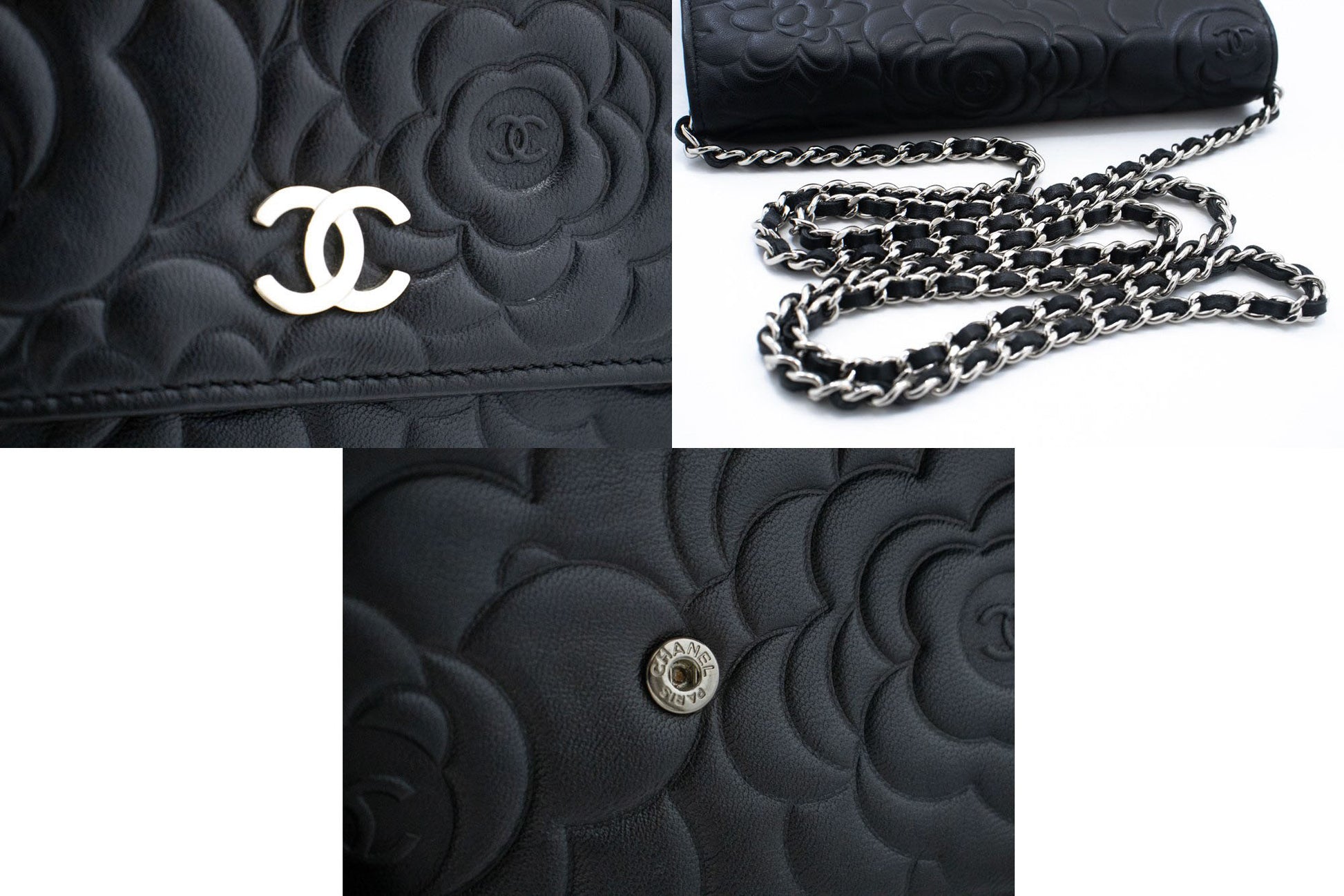 CHANEL Schwarze Camellia Prägung Geldbörse mit Kette WOC Schultertasche ab6 hannari-shop