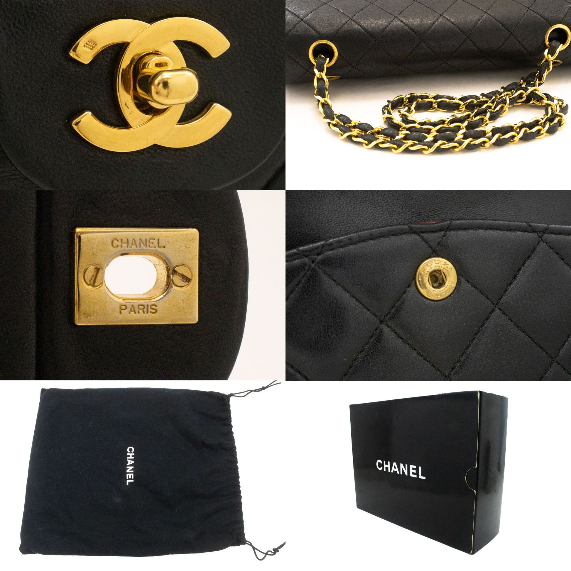 CHANEL Classic Double Flap 10" Chain Shoulder Bag Black Lambskin ag5 hannari-shop