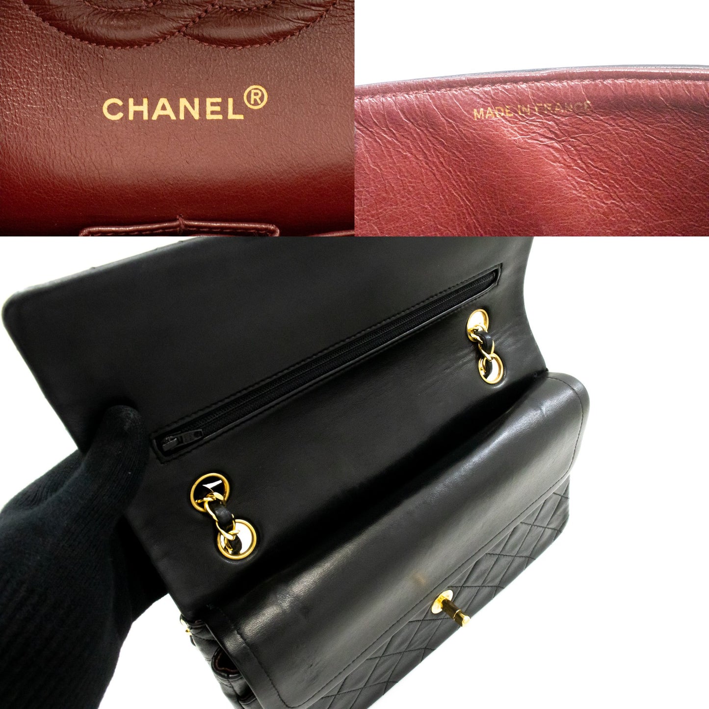 CHANEL Classic Double Flap 10" Kettenschultertasche aus schwarzem Lammleder am2 hannari-shop