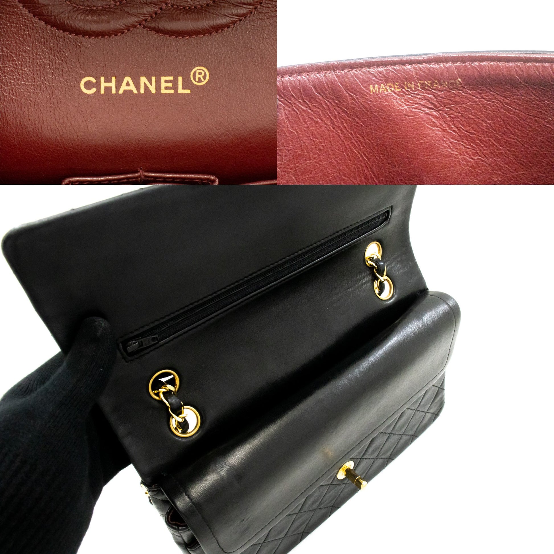 CHANEL Classic Double Flap 10" Kettenschultertasche aus schwarzem Lammleder am2 hannari-shop