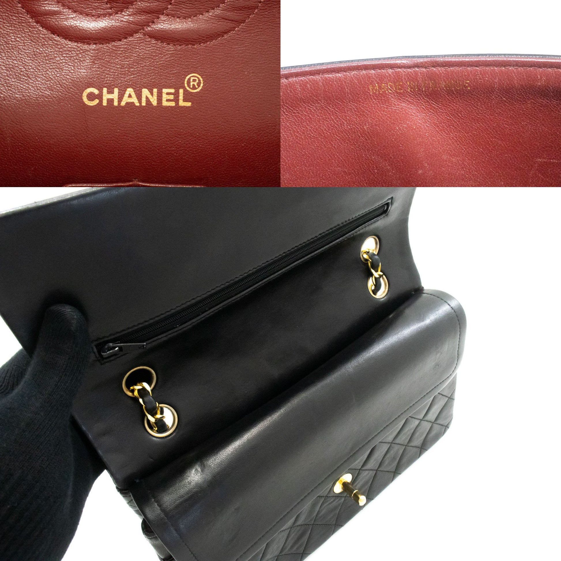 CHANEL Classic Double Flap 10" Chain Shoulder Bag Black Lambskin ag5 hannari-shop