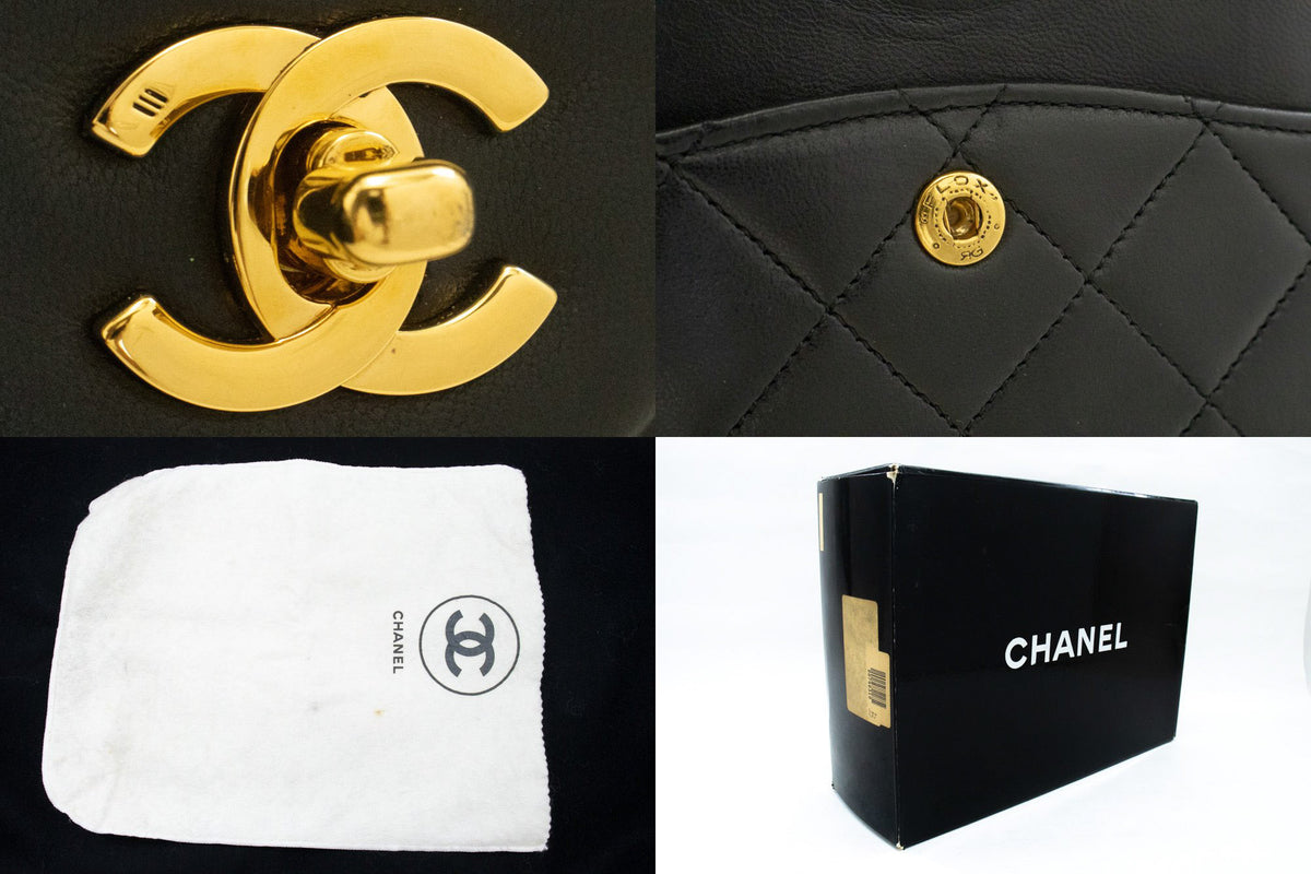 CHANEL Classic Double Flap 10" Chain Shoulder Bag Black Lambskin ao6 — Beschläge hannari-shop