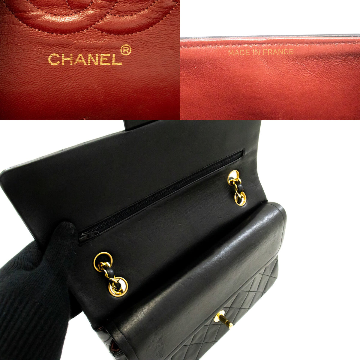 CHANEL Classic Double Flap 10" Chain Shoulder Bag Black Lambskin ao6 — CHANEL-Logo im Innenraum hannari-shop