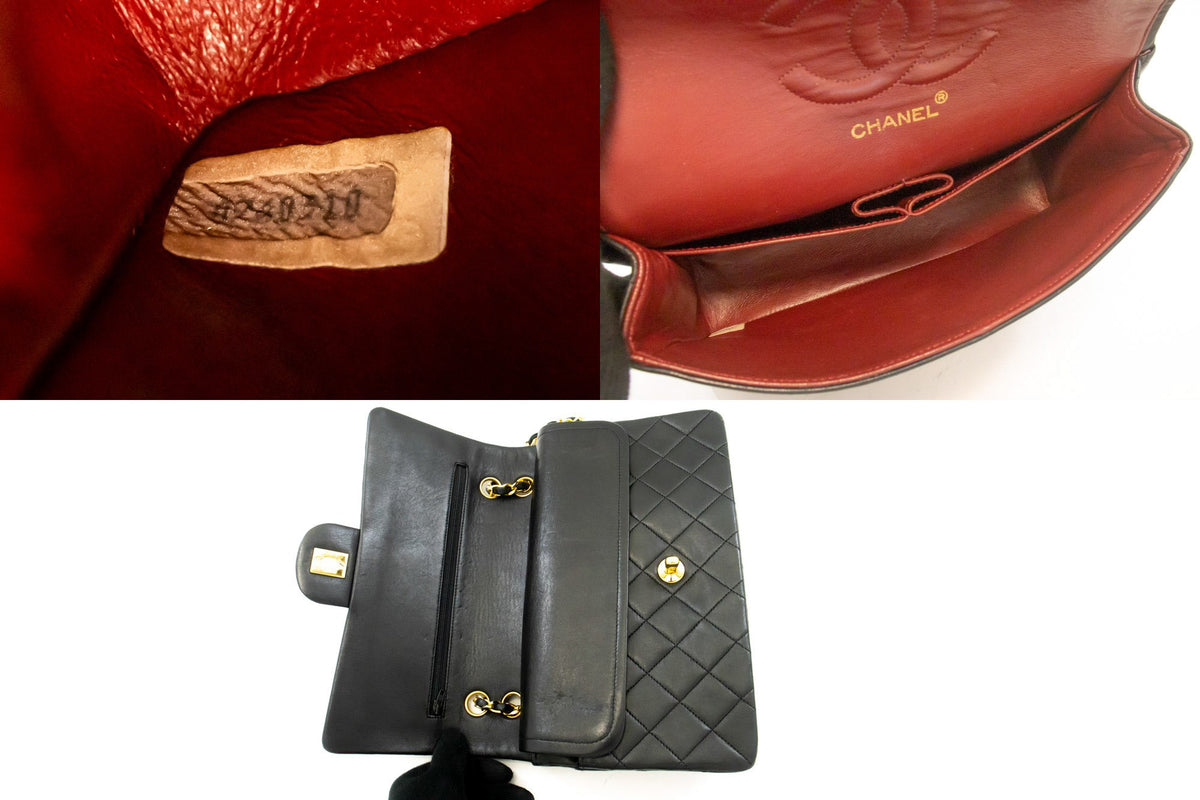 CHANEL Classic Double Flap 10" Chain Shoulder Bag Black Lambskin ao6 — Seriennummer hannari-shop