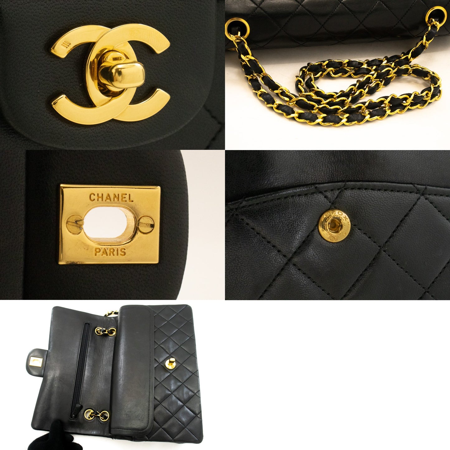 CHANEL Classic Double Flap 10" Ketten-Schultertasche Schwarz Lammleder ak9 hannari-shop