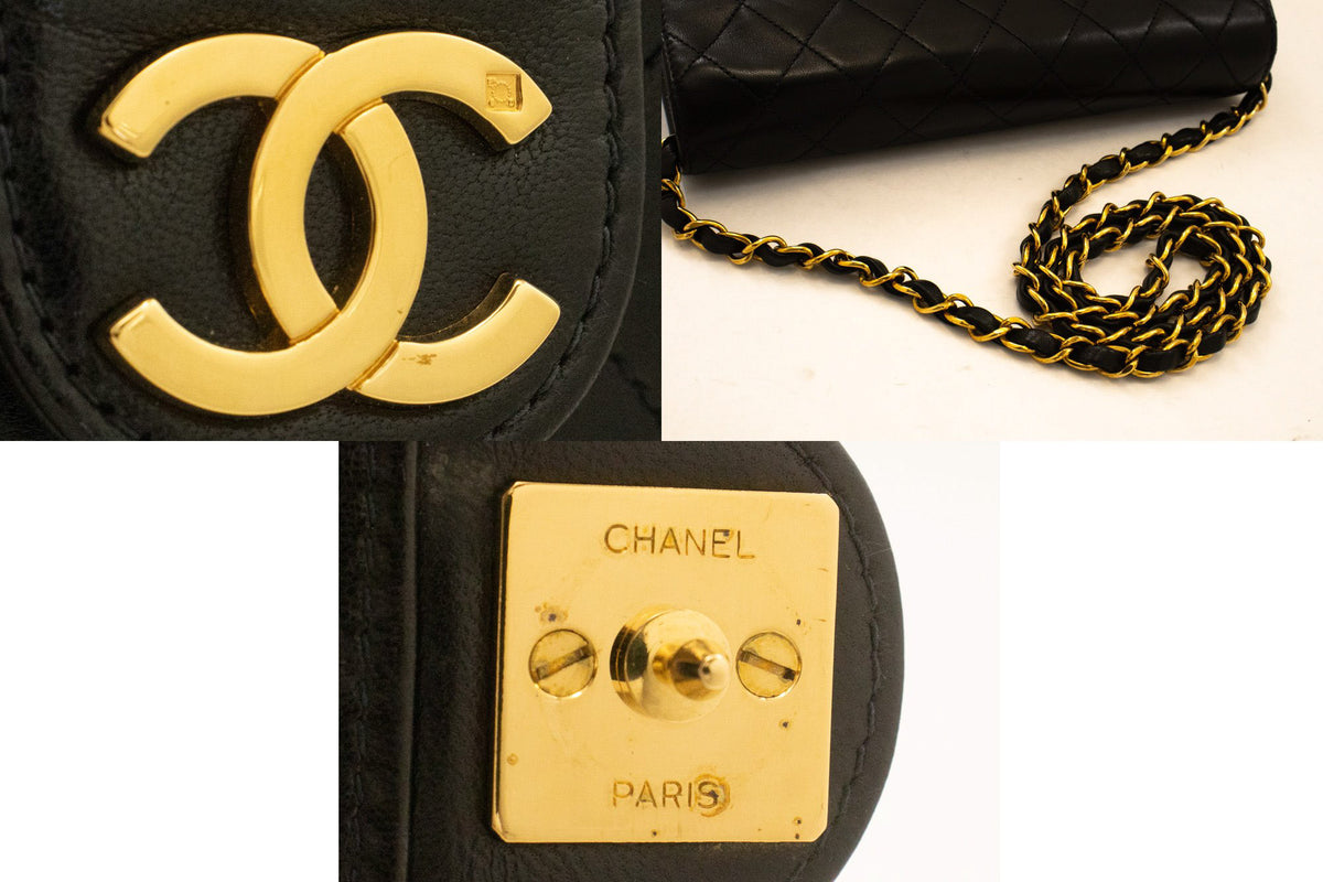 CHANEL Kleine Ketten-Umhängetasche Clutch Schwarz Gestepptes Klappmodell Lammleder ao7 — Beschläge hannari-shop
