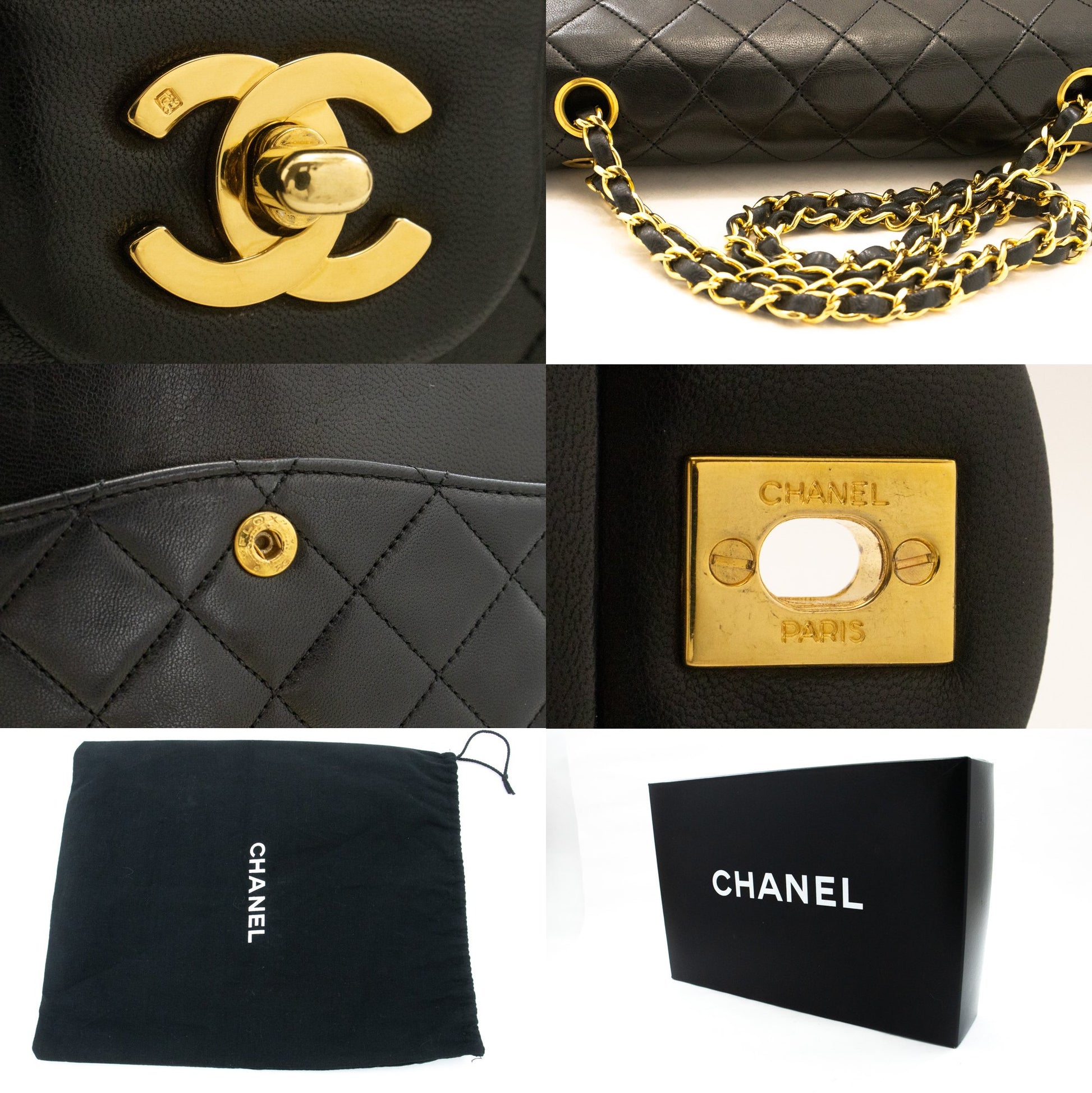 CHANEL Classic Double Flap 10" Ketten-Umhängetasche Schwarz Lammleder ak7 hannari-shop