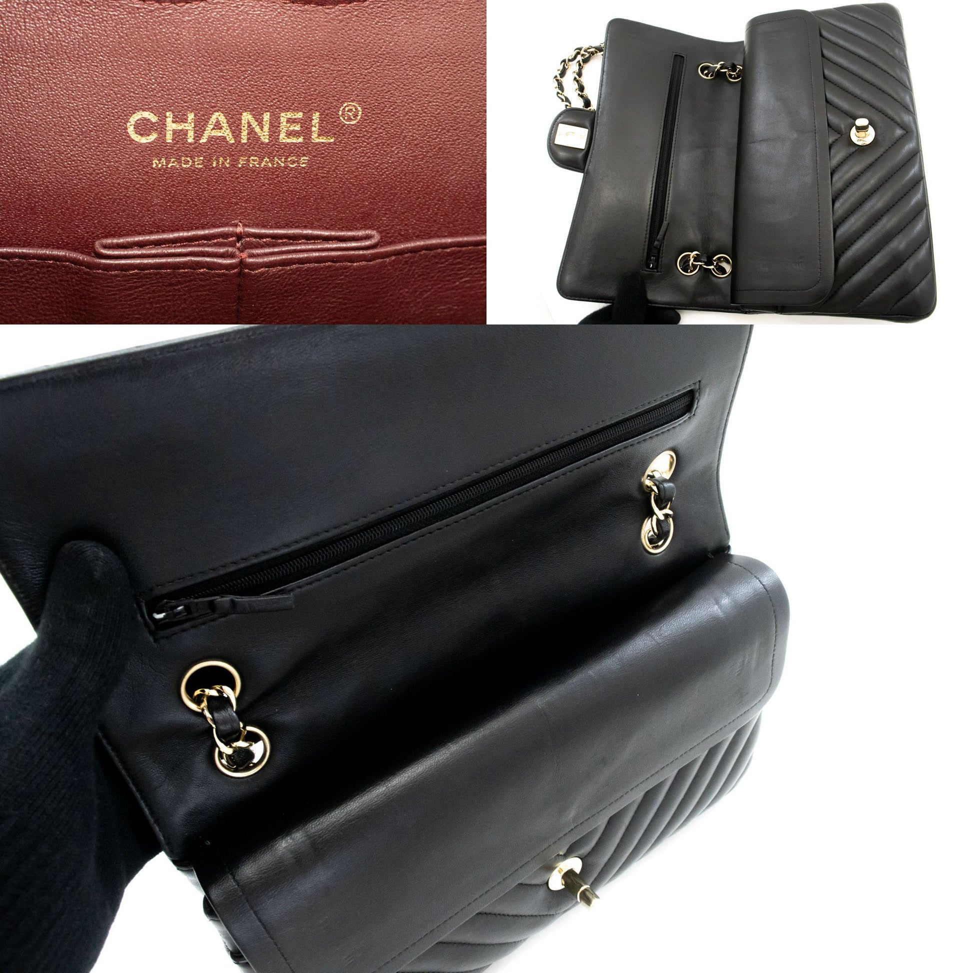 CHANEL V-Stitch Double Flap 10" Chain Shoulder Bag Black Lambskin ai5 hannari-shop