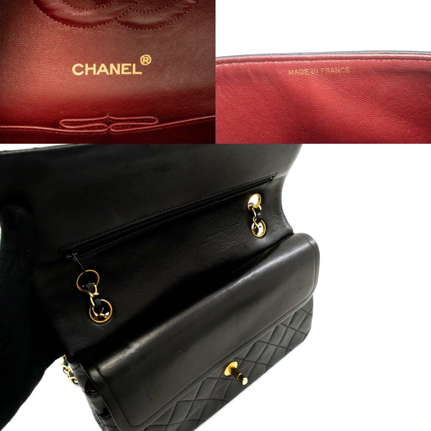 CHANEL Classic Double Flap 10" Ketten-Umhängetasche Schwarz Lammleder ak7 hannari-shop