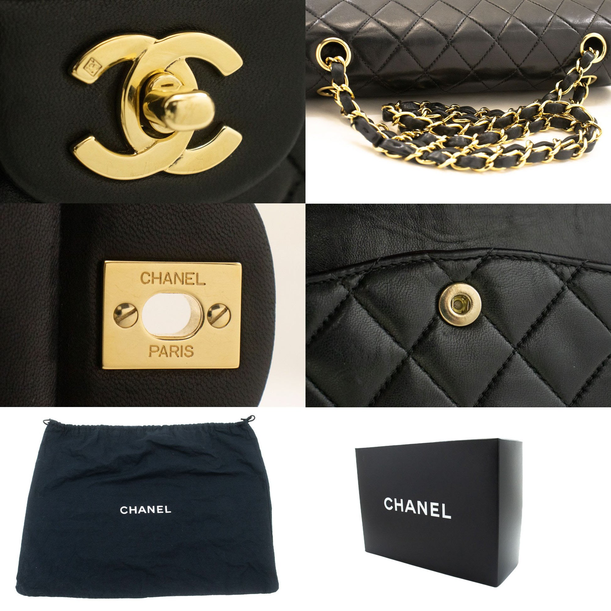 CHANEL Classic Double Flap 10" Kettenschultertasche Schwarz Lammleder ac9 hannari-shop