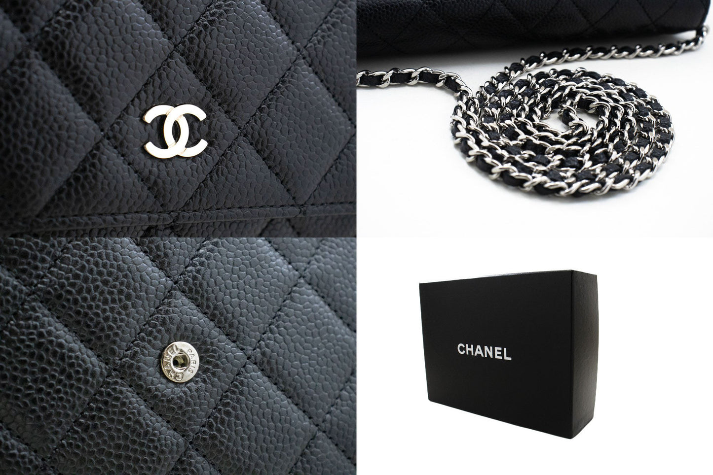 CHANEL Geldbörse mit Kette WOC aus genarbtem Kalbsleder, schwarze Schultertasche p60 hannari-shop