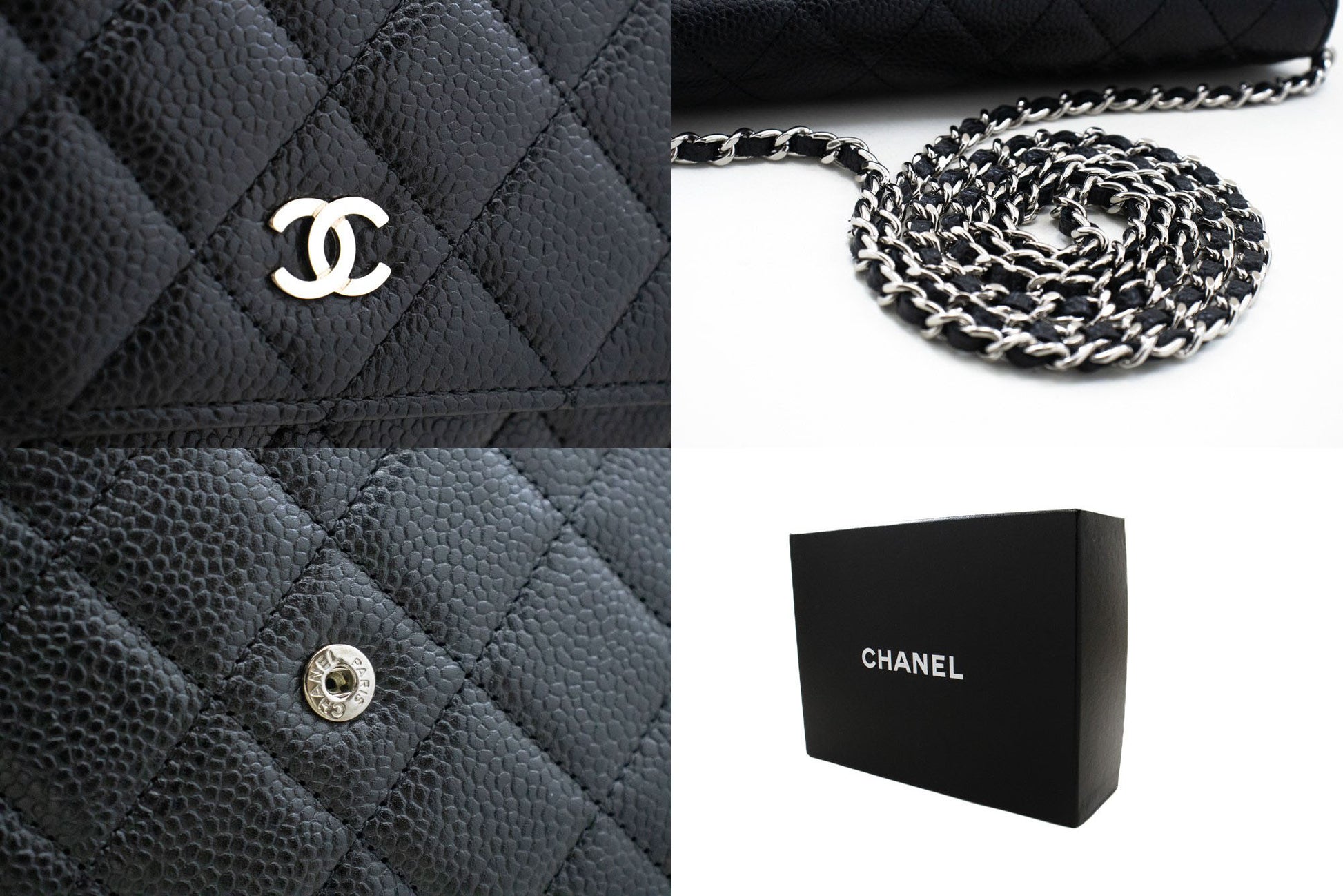 CHANEL Geldbörse mit Kette WOC aus genarbtem Kalbsleder, schwarze Schultertasche p60 hannari-shop