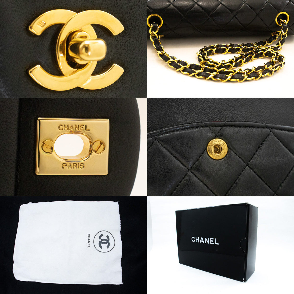 CHANEL Classic Double Flap 10" Chain Shoulder Bag Black Lambskin ap6 — Beschläge hannari-shop