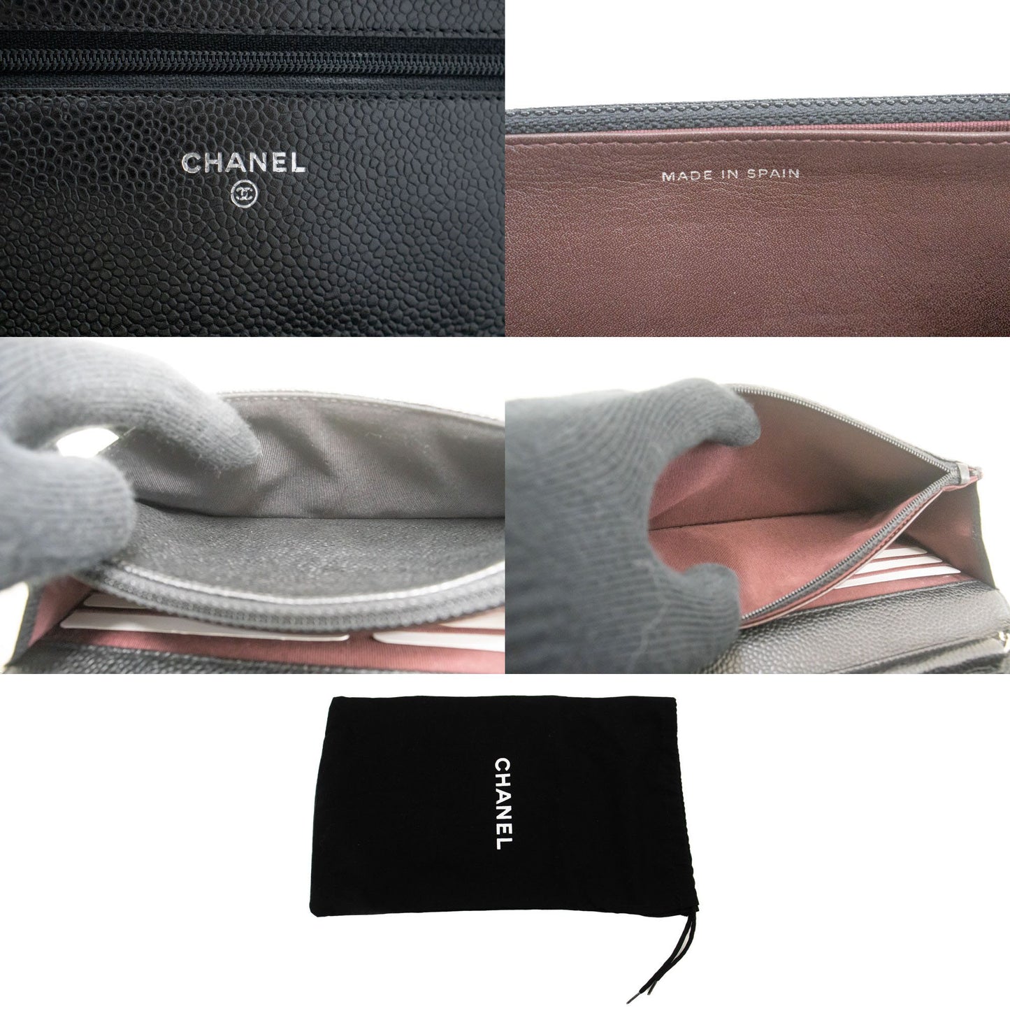 CHANEL Geldbörse mit Kette WOC aus genarbtem Kalbsleder, schwarze Schultertasche p60 hannari-shop