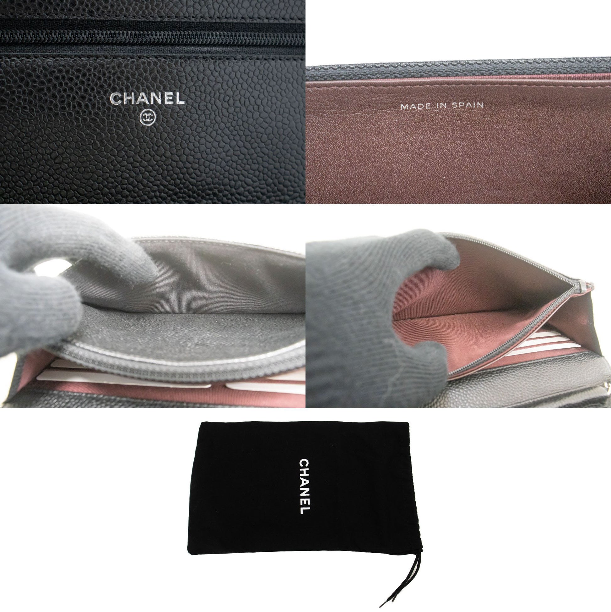 CHANEL Geldbörse mit Kette WOC aus genarbtem Kalbsleder, schwarze Schultertasche p60 hannari-shop