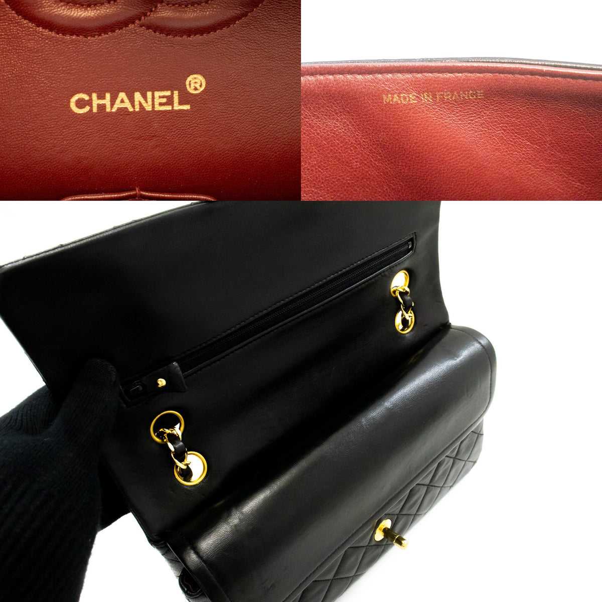 CHANEL Classic Double Flap 10" Chain Shoulder Bag Black Lambskin ap6 — CHANEL-Logo im Innenraum hannari-shop