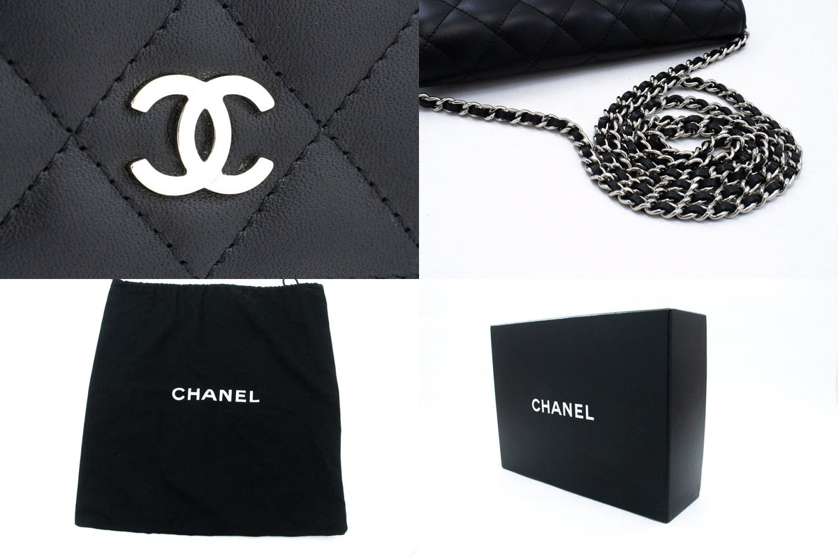 CHANEL Schwarze Classic Wallet On Chain WOC Umhängetasche aus Lammleder ap5 — Beschläge hannari-shop