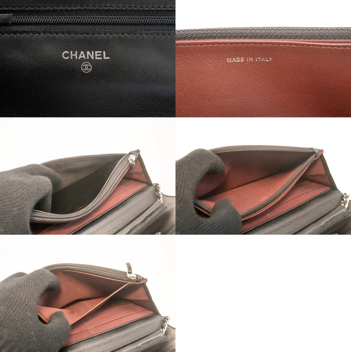 CHANEL Schwarze Classic Wallet On Chain WOC Umhängetasche aus Lammleder ap5 — CHANEL-Logo im Inneren hannari-shop