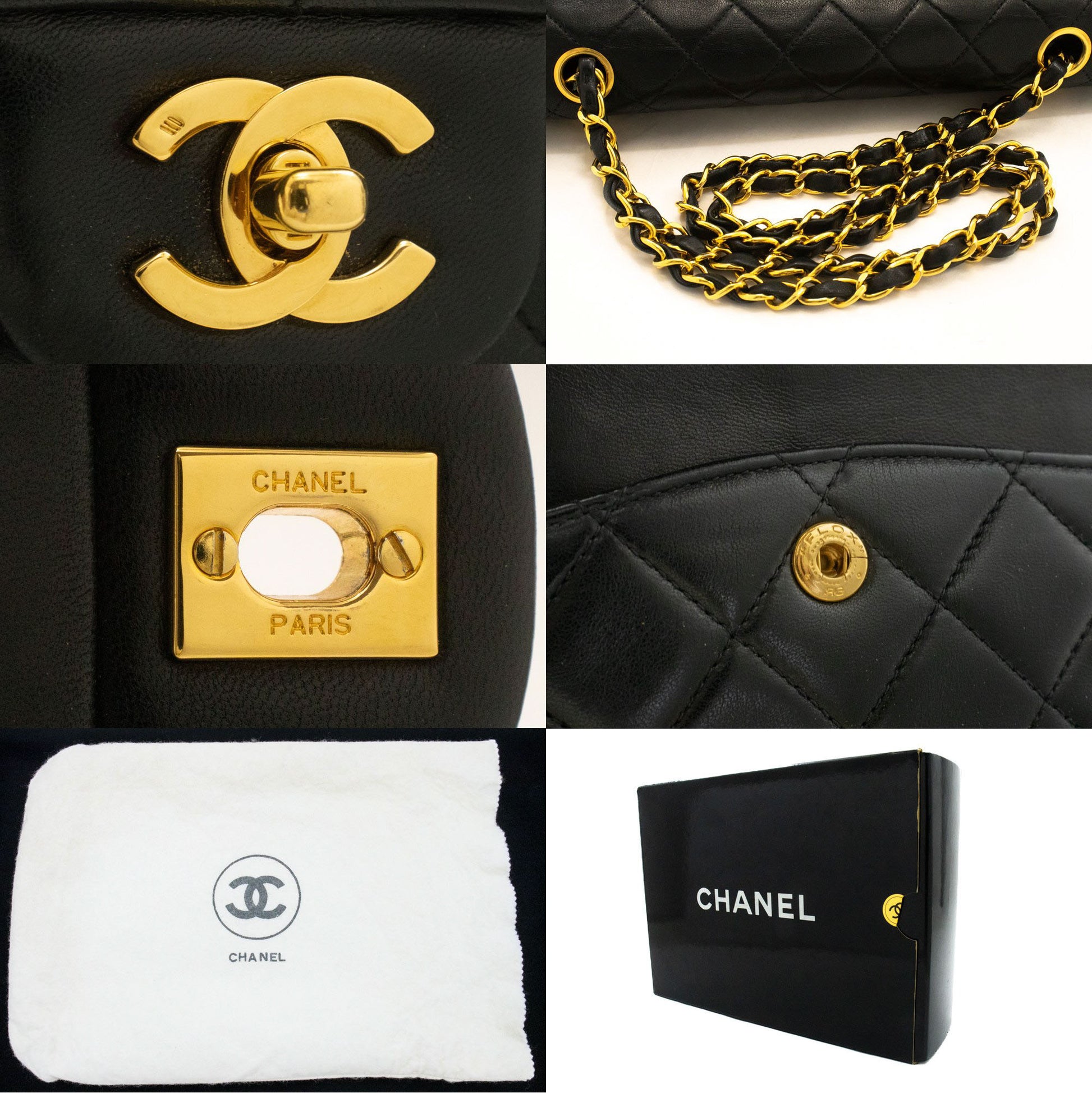 CHANEL Classic Double Flap 10" Schultertasche mit Kette, Schwarz, Lammleder ag1 hannari-shop