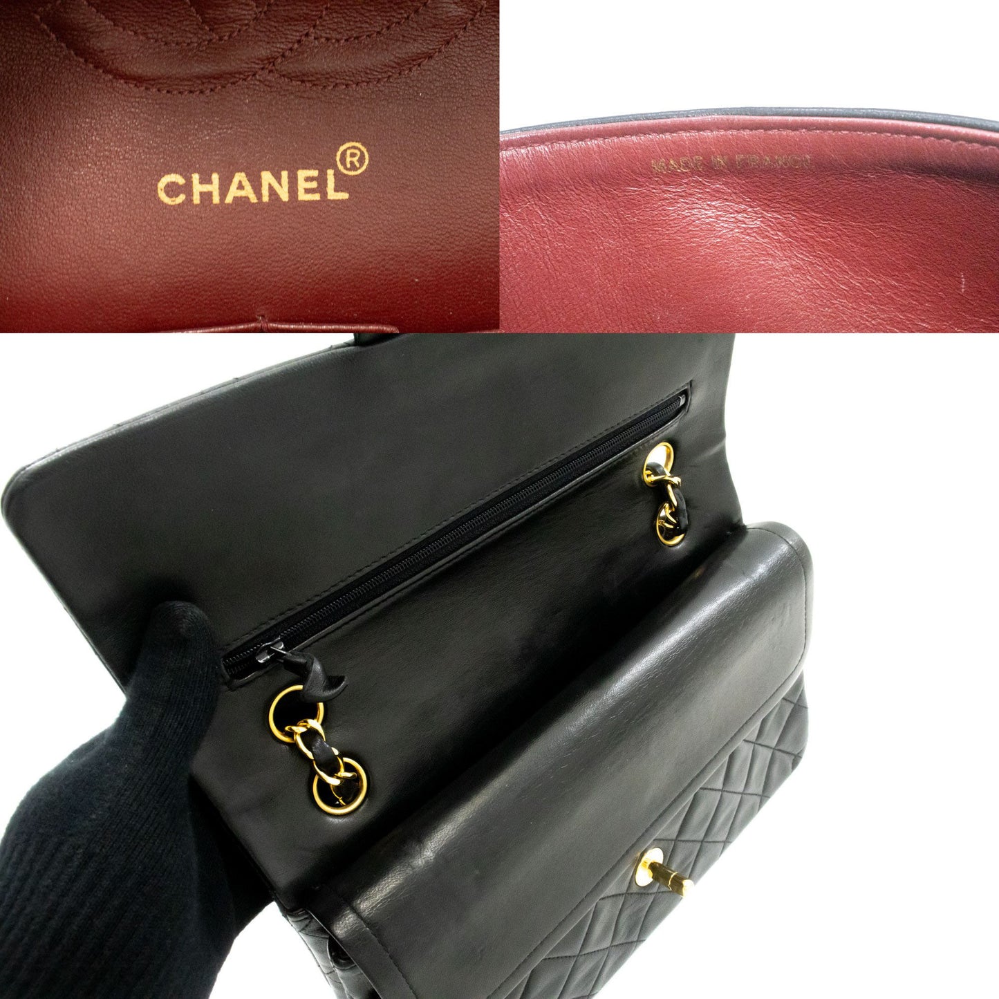 CHANEL Classic Double Flap 10" Schultertasche mit Kette, Schwarz, Lammleder ag1 hannari-shop