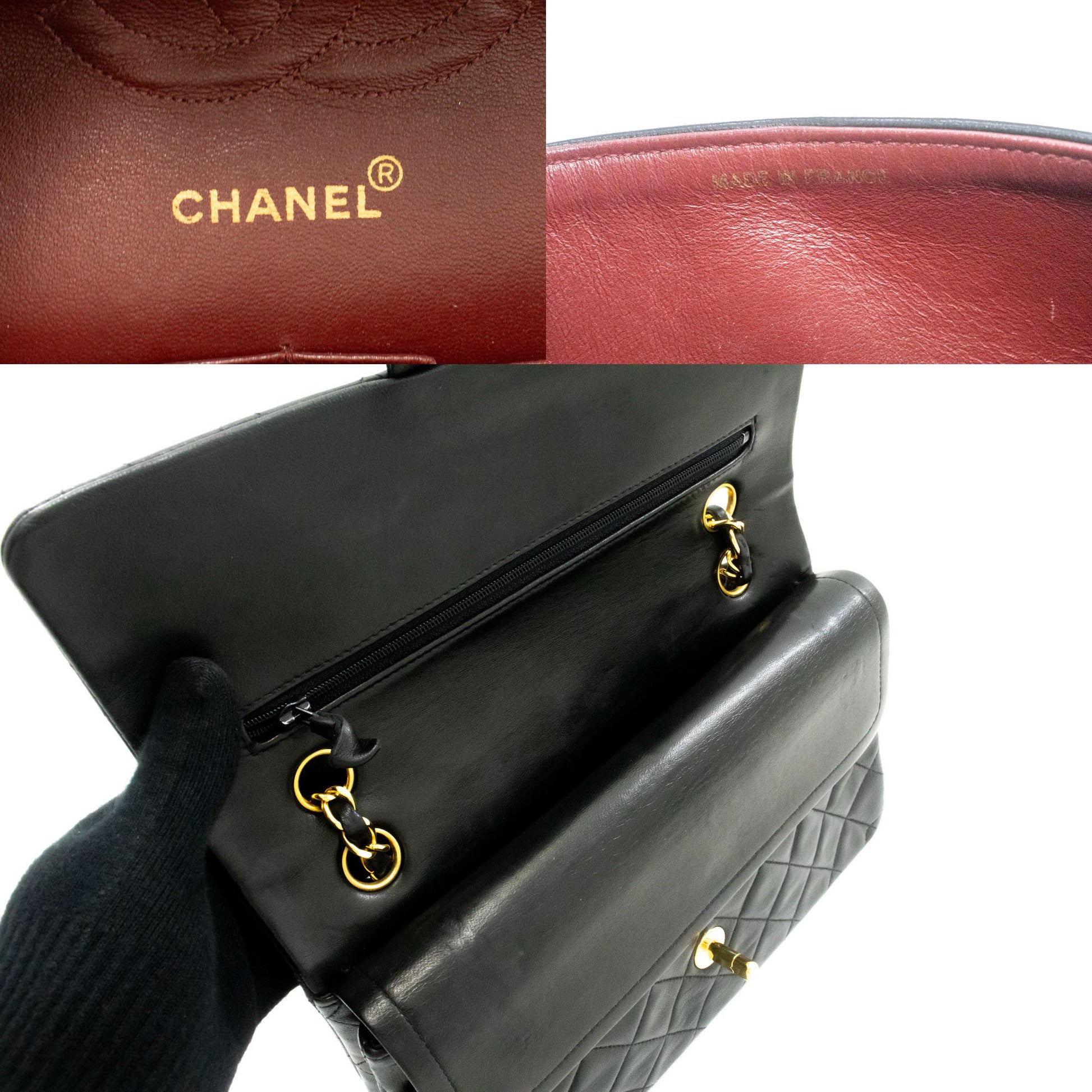CHANEL Classic Double Flap 10" Schultertasche mit Kette, Schwarz, Lammleder ag1 hannari-shop
