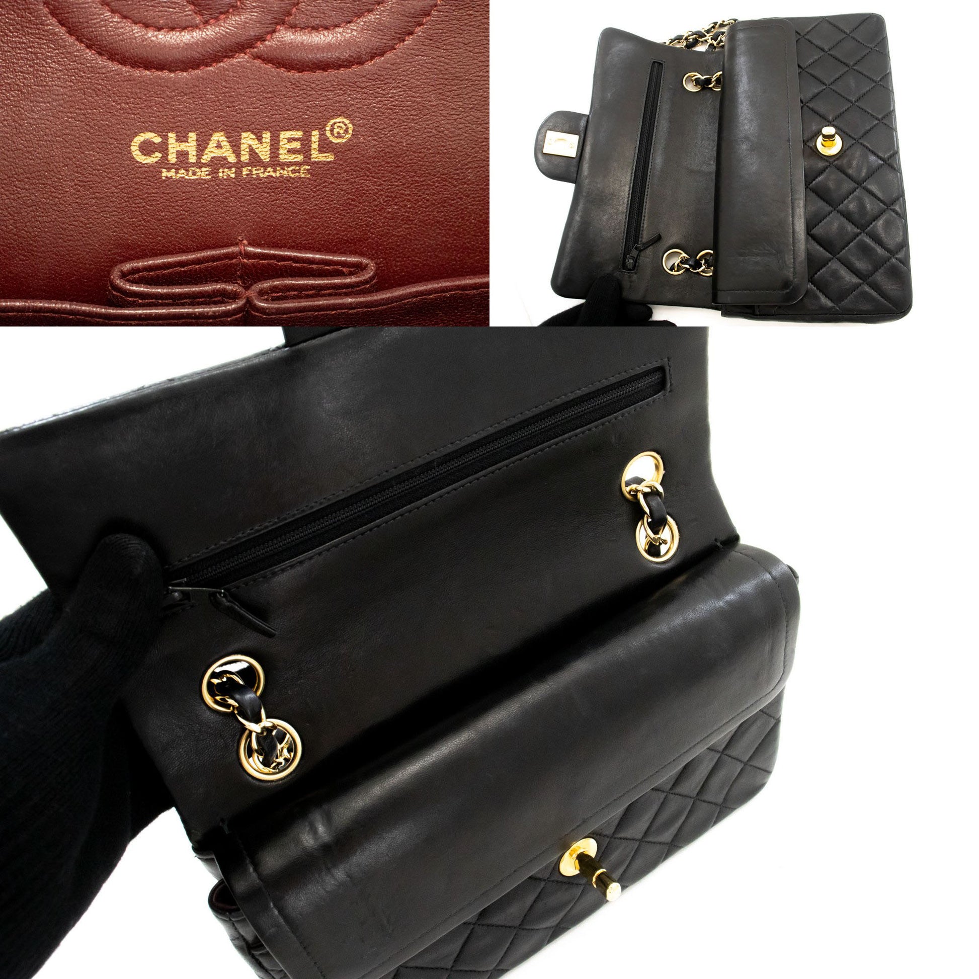 CHANEL Classic Double Flap 9" Chain Schultertasche Schwarz Lammleder ai6 hannari-shop
