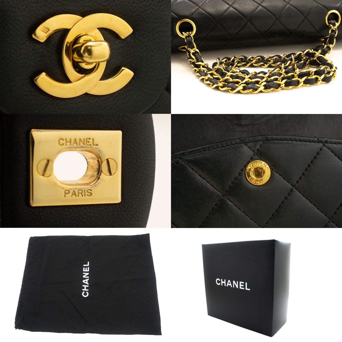 CHANEL Classic Double Flap Square Chain Schultertasche Schwarz Lamm ad1 hannari-shop