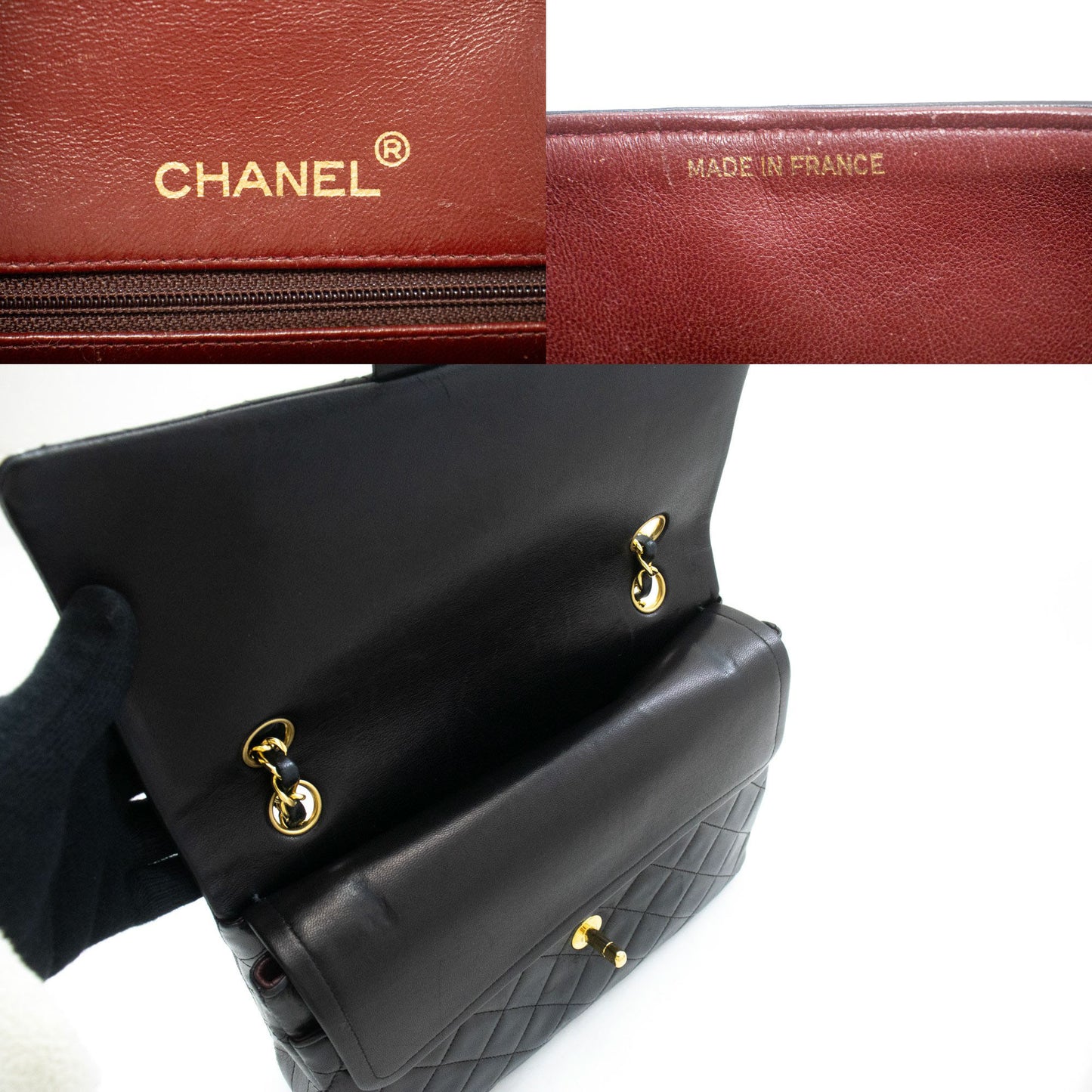 CHANEL Classic Double Flap Square Chain Schultertasche Schwarz Lamm ad1 hannari-shop