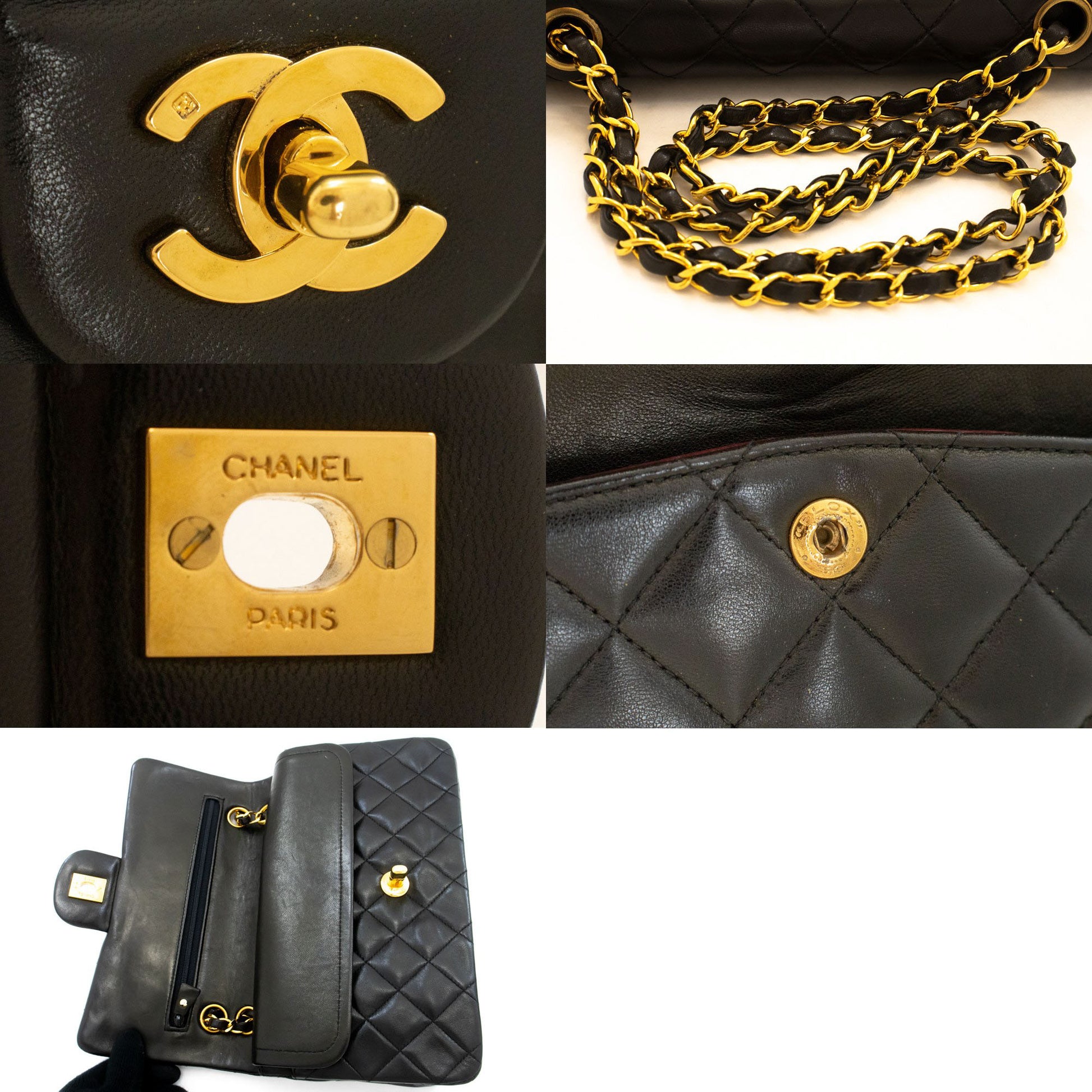 CHANEL Classic Double Flap 9" Chain Schultertasche Schwarz Lammleder ah3 hannari-shop