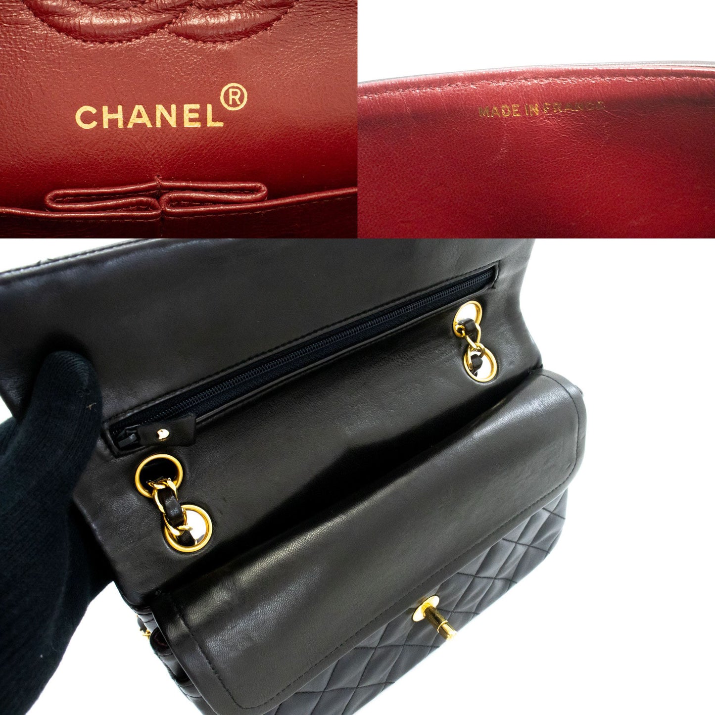 CHANEL Classic Double Flap 9" Chain Schultertasche Schwarz Lammleder ah3 hannari-shop