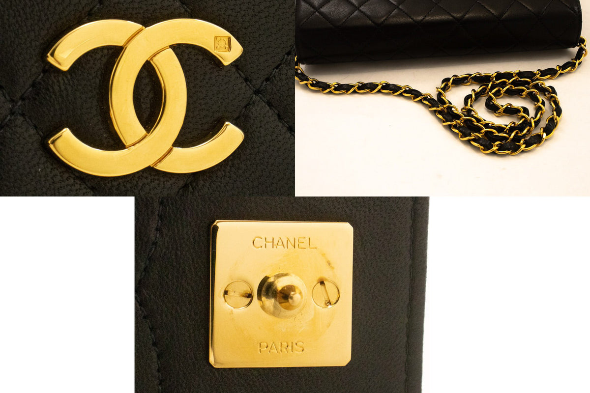 CHANEL Full Flap Ketten-Umhängetasche Clutch Schwarz Stepp-Lammleder ao5 — Beschläge hannari-shop