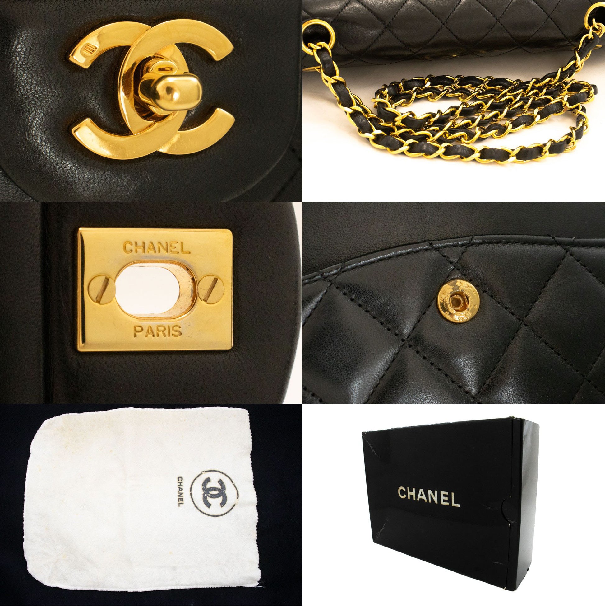CHANEL Classic Double Flap 10" Kettenschultertasche Schwarz Lammleder ah7 hannari-shop