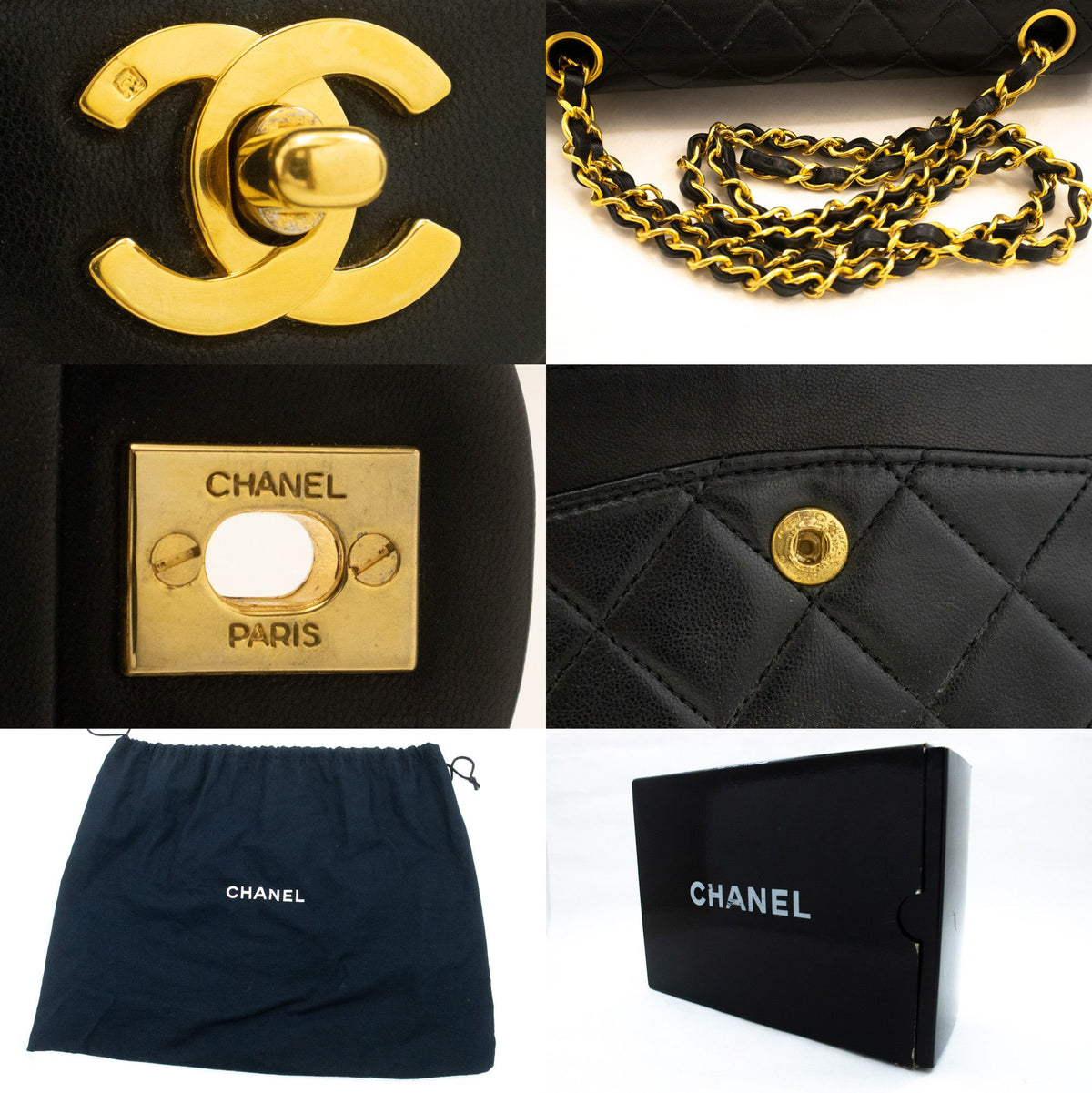 CHANEL Classic Double Flap 9" Chain Shoulder Bag Schwarzes Lammleder ap2 — Beschläge hannari-shop