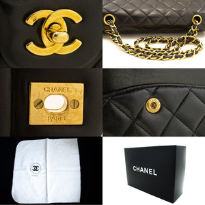 CHANEL Classic Double Flap 10" Chain Shoulder Bag Black Lambskin n44 hannari-shop