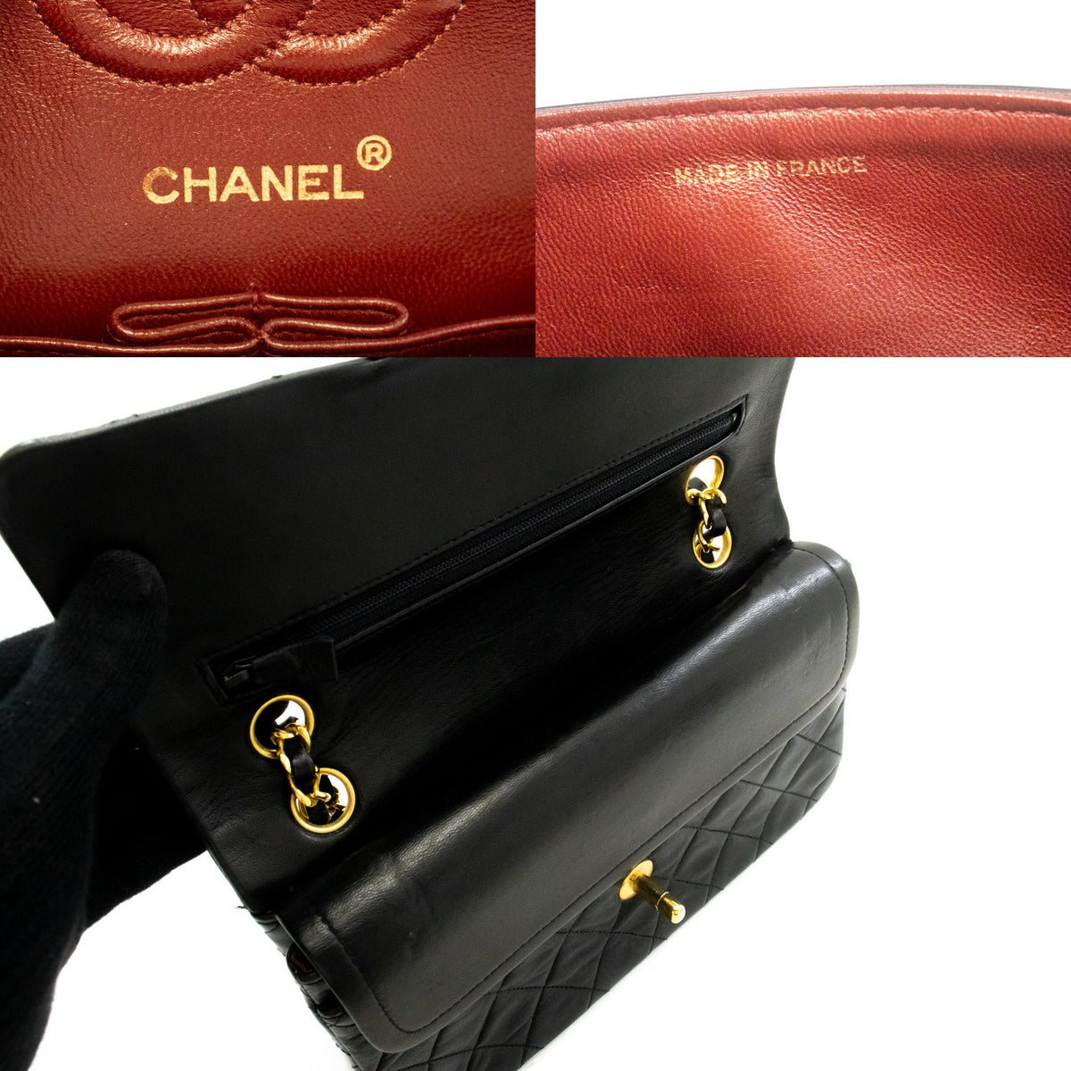 CHANEL Classic Double Flap 9" Chain Shoulder Bag Schwarzes Lammleder ap2 — CHANEL-Logo im Innenraum hannari-shop
