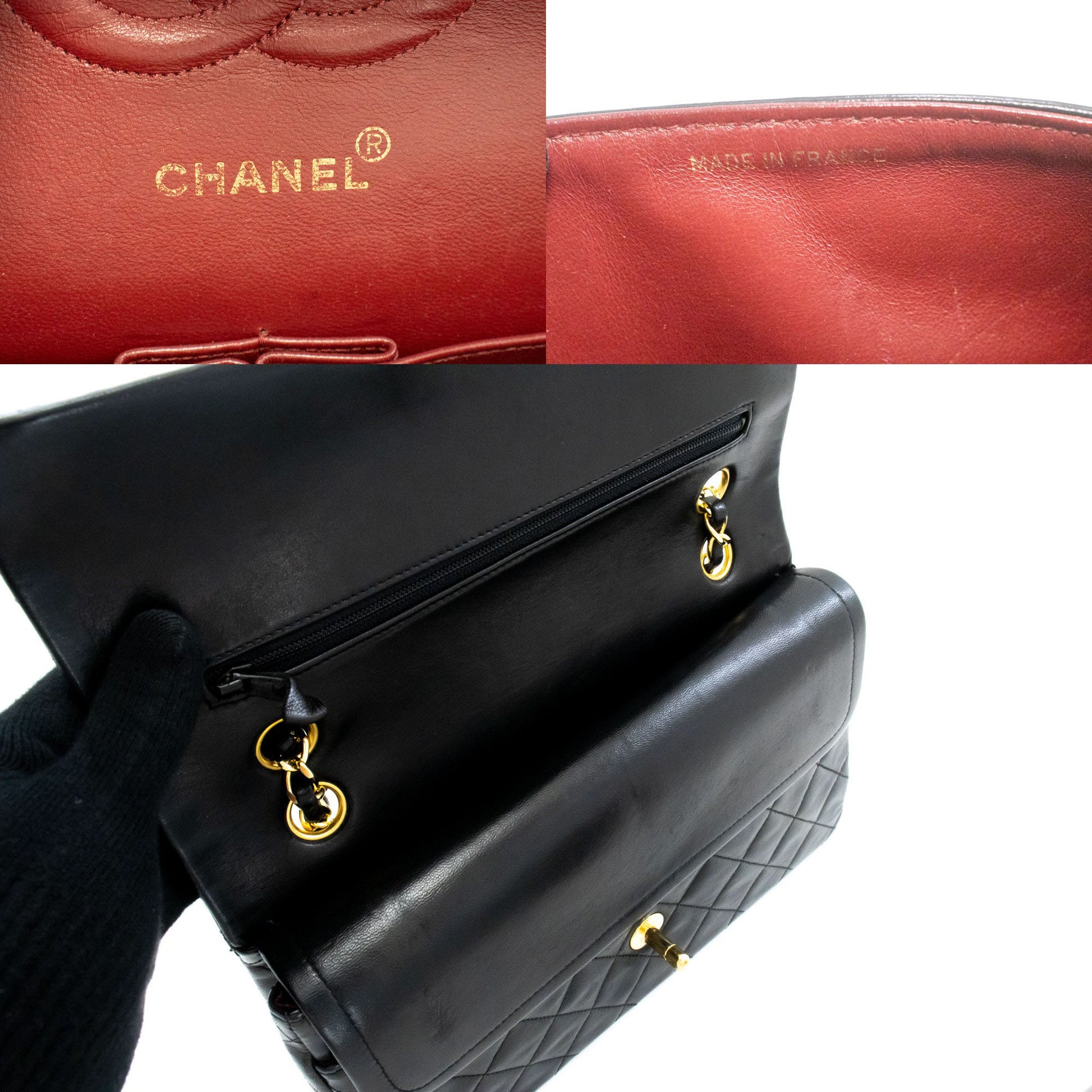 CHANEL Classic Double Flap 10" Kettenschultertasche Schwarz Lammleder ah7 hannari-shop