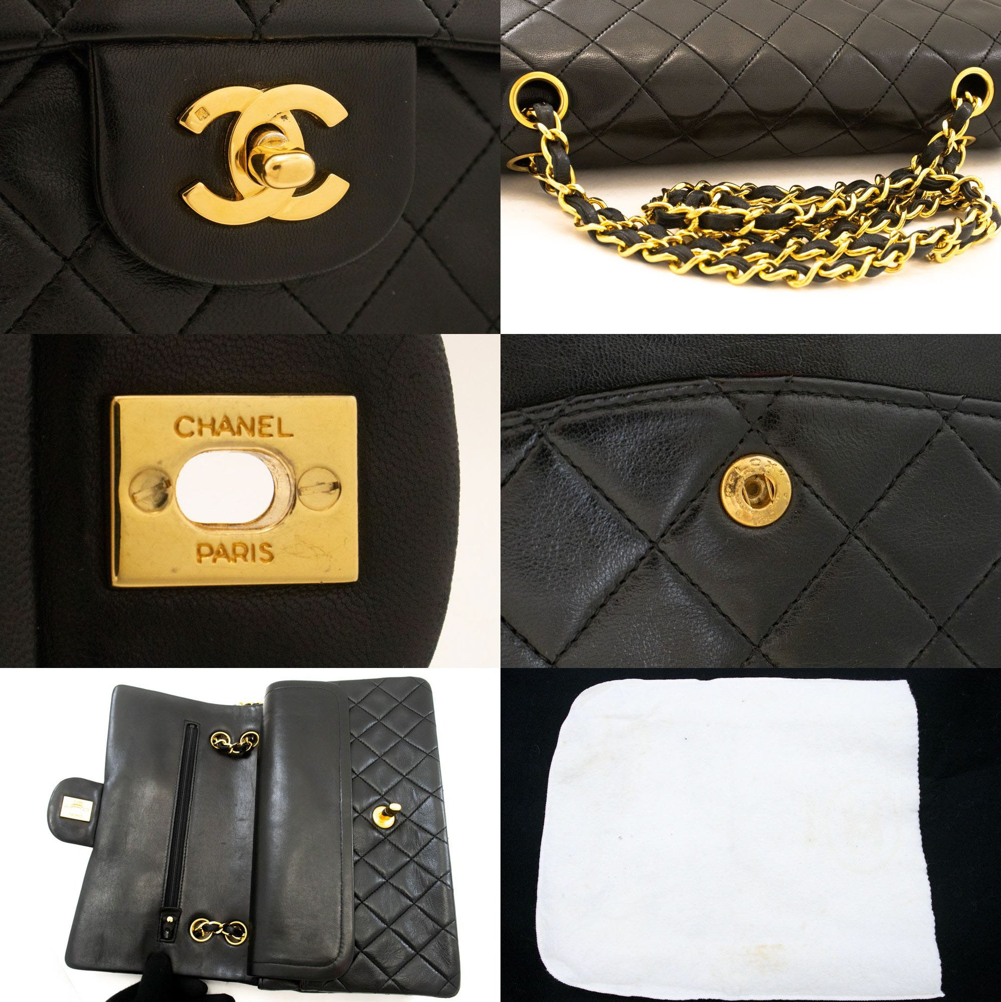 CHANEL Classic Double Flap 10" Kettenschultertasche Schwarz Lammleder aj9 hannari-shop