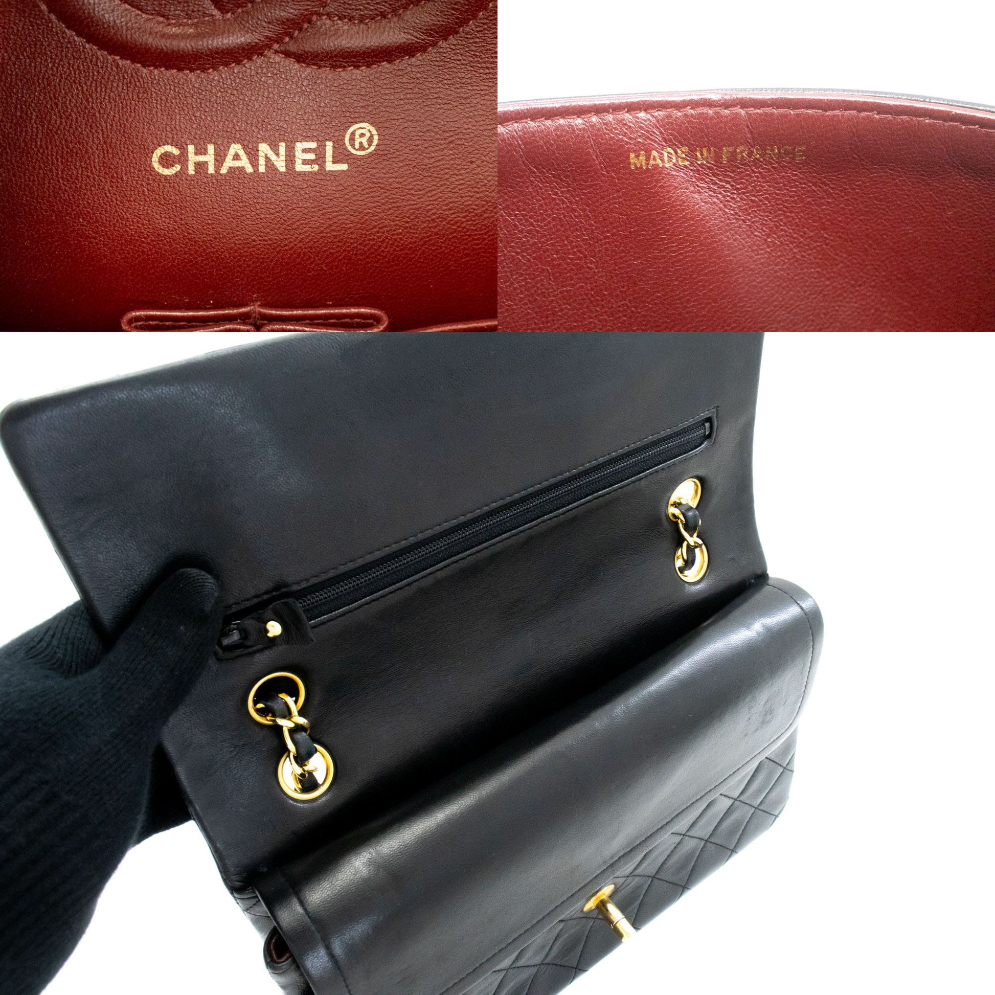 CHANEL Classic Double Flap 10" Kettenschultertasche Schwarz Lammleder aj9 hannari-shop