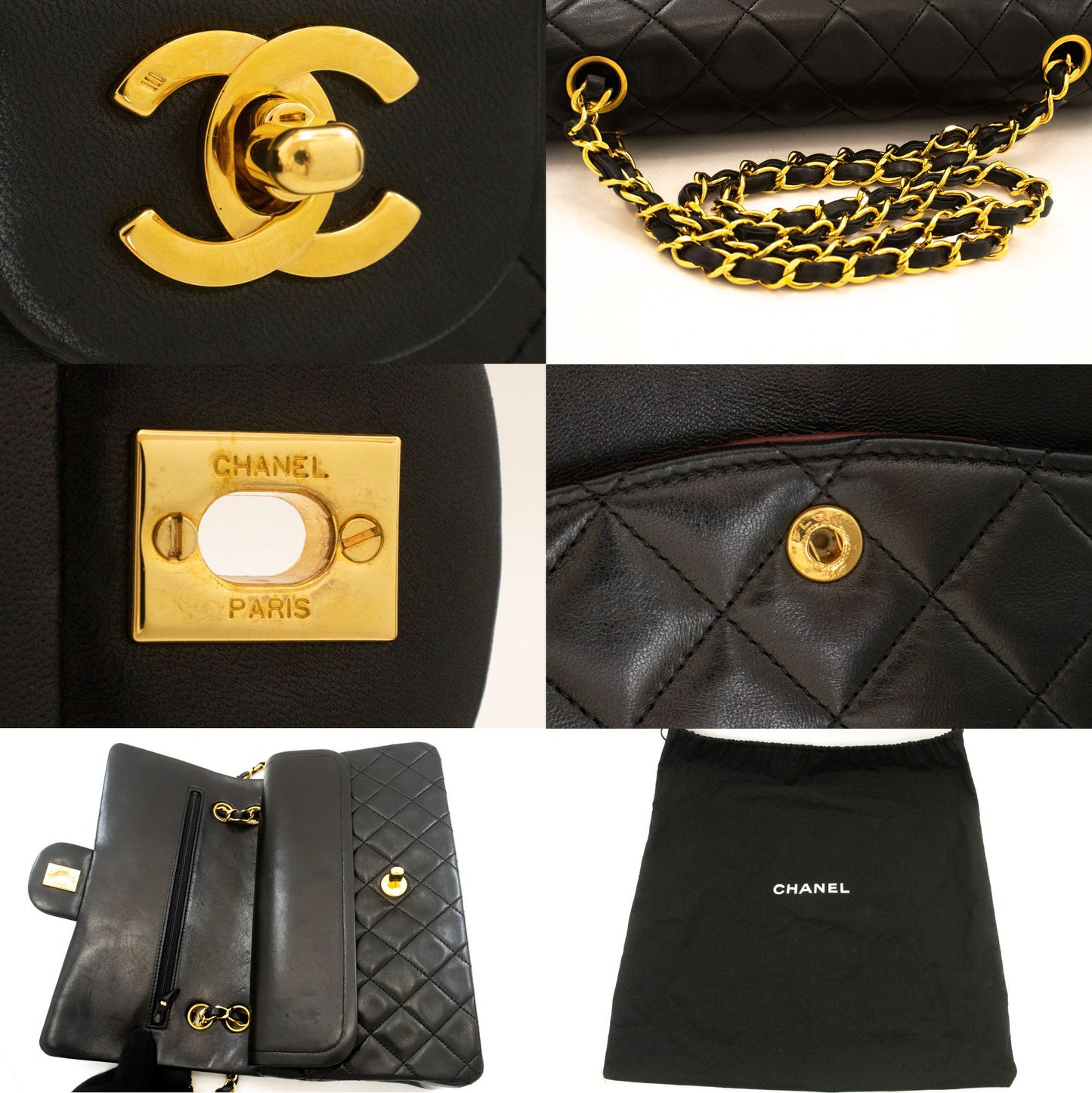 CHANEL Classic Double Flap 10" Kettenschultertasche Schwarz Lammleder ak3 hannari-shop
