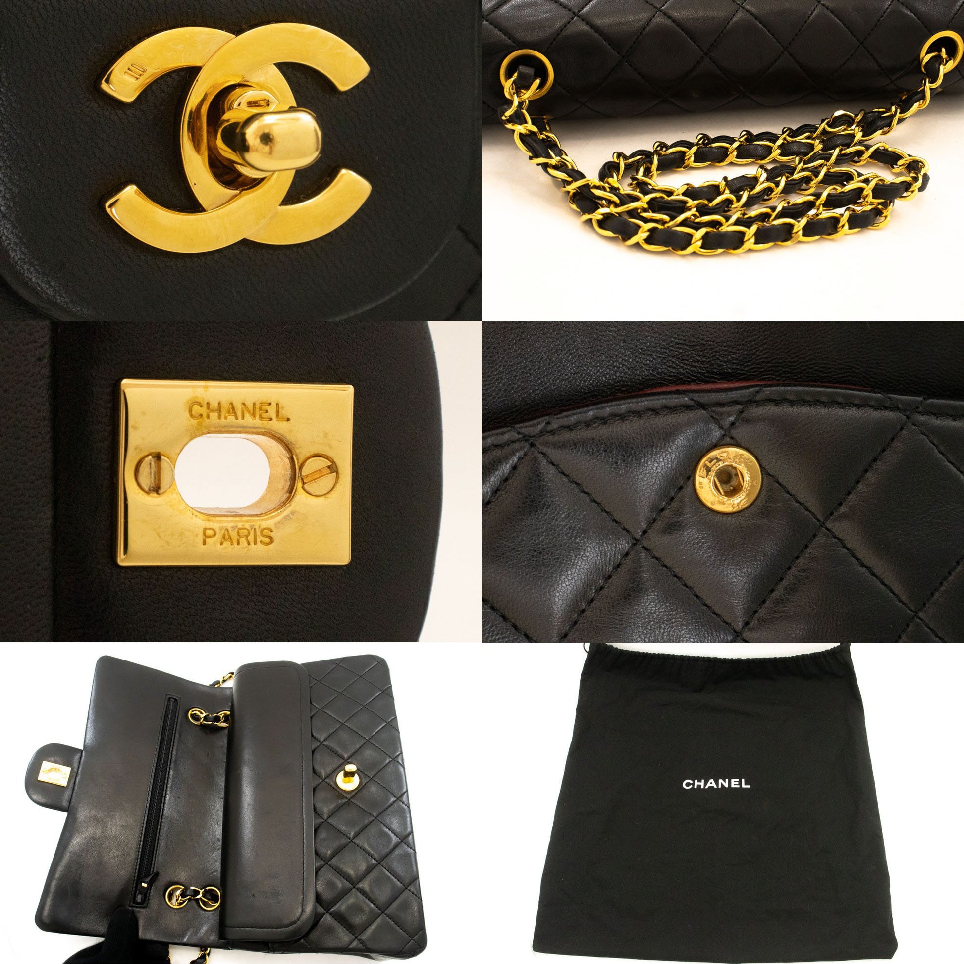 CHANEL Classic Double Flap 10" Kettenschultertasche Schwarz Lammleder ak3 hannari-shop