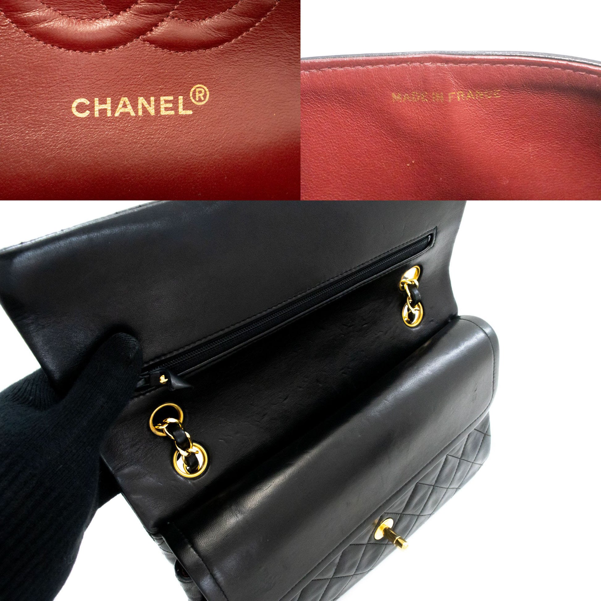 CHANEL Classic Double Flap 10" Kettenschultertasche Schwarz Lammleder ak3 hannari-shop
