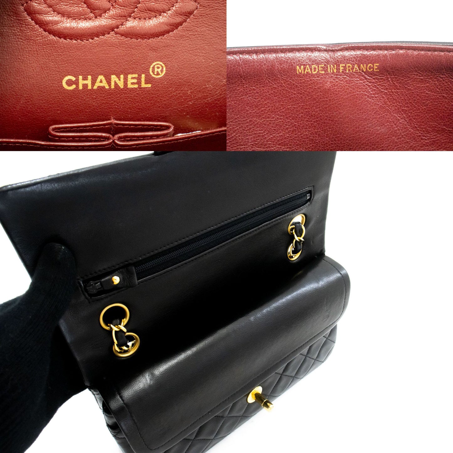CHANEL Classic Double Flap 9" Kettenschultertasche Schwarz Lammleder aj4 hannari-shop