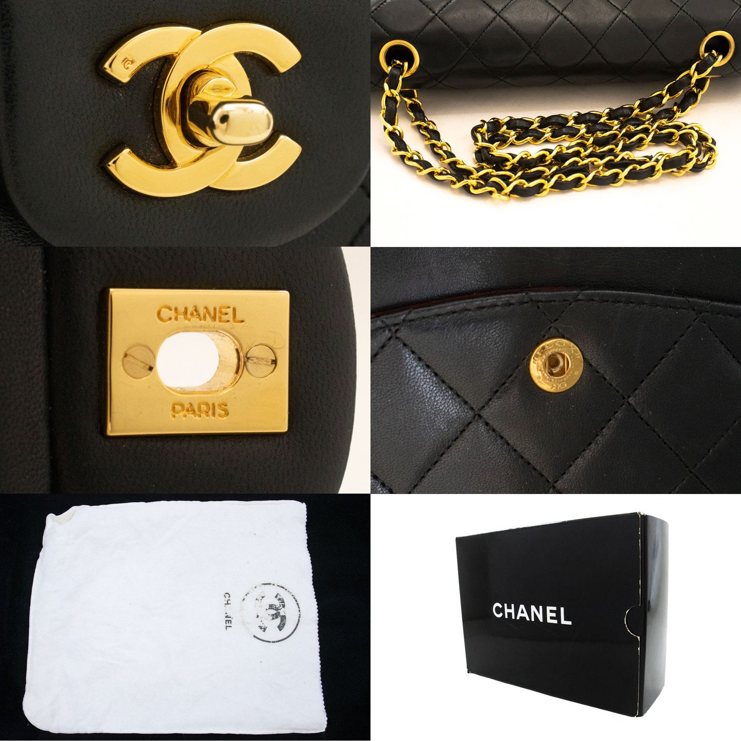 CHANEL Classic Double Flap 10" Kettenschultertasche Schwarz Lammleder aj5 hannari-shop