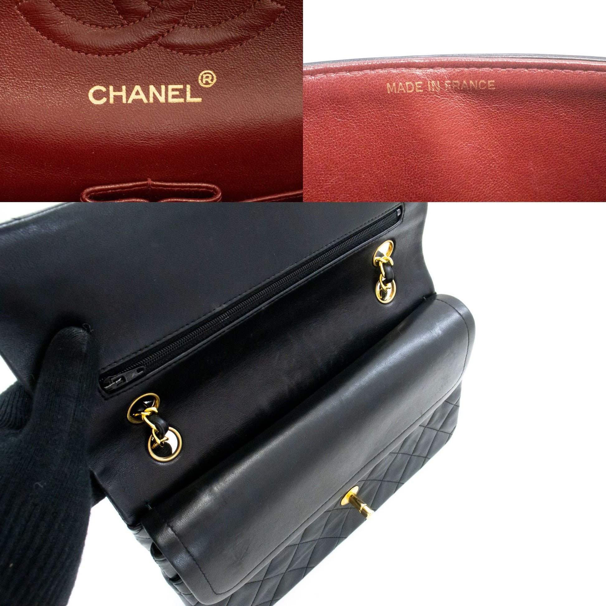 CHANEL Classic Double Flap 10" Kettenschultertasche Schwarz Lammleder aj5 hannari-shop