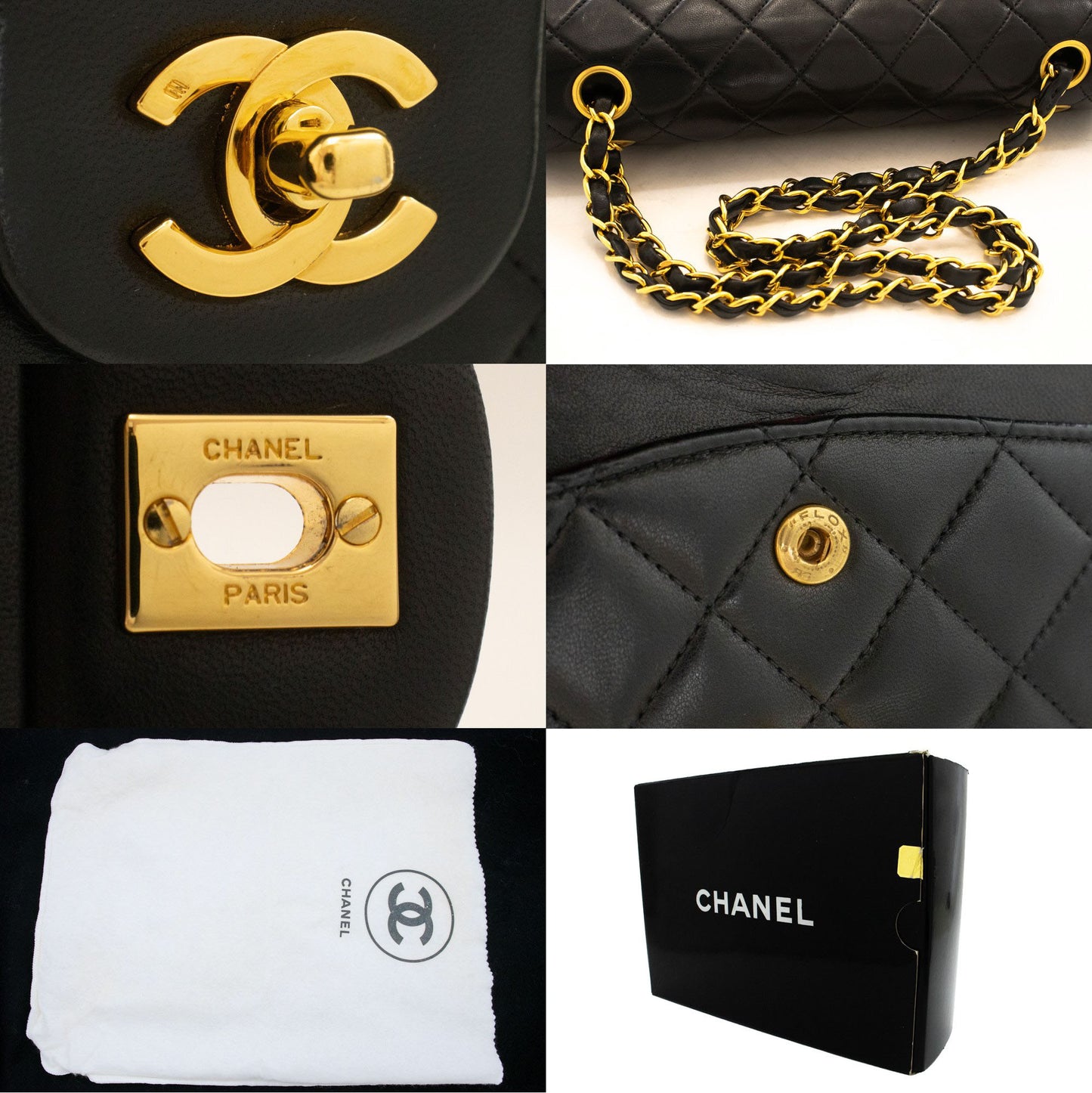 CHANEL Classic Double Flap 10" Chain Schultertasche Schwarz Lammleder aj8 hannari-shop