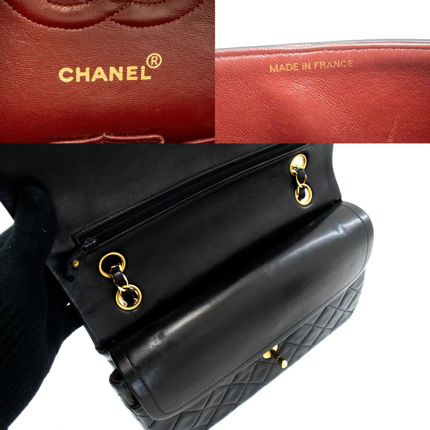 CHANEL Classic Double Flap 10" Chain Schultertasche Schwarz Lammleder aj8 hannari-shop