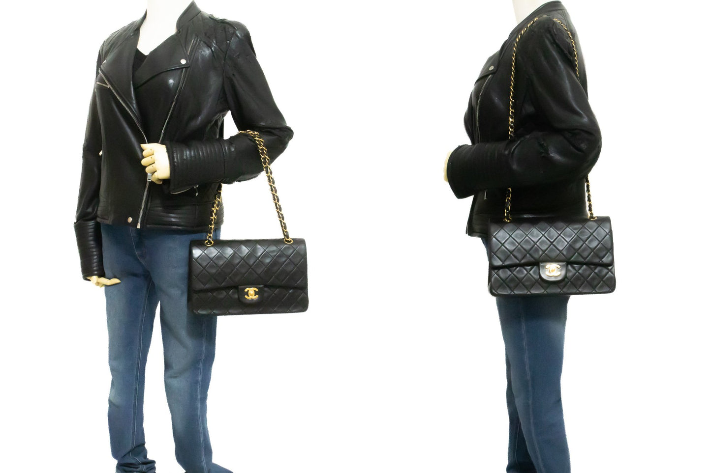 CHANEL Classic Double Flap 10" Ketten-Umhängetasche Schwarz Lammleder am1 hannari-shop