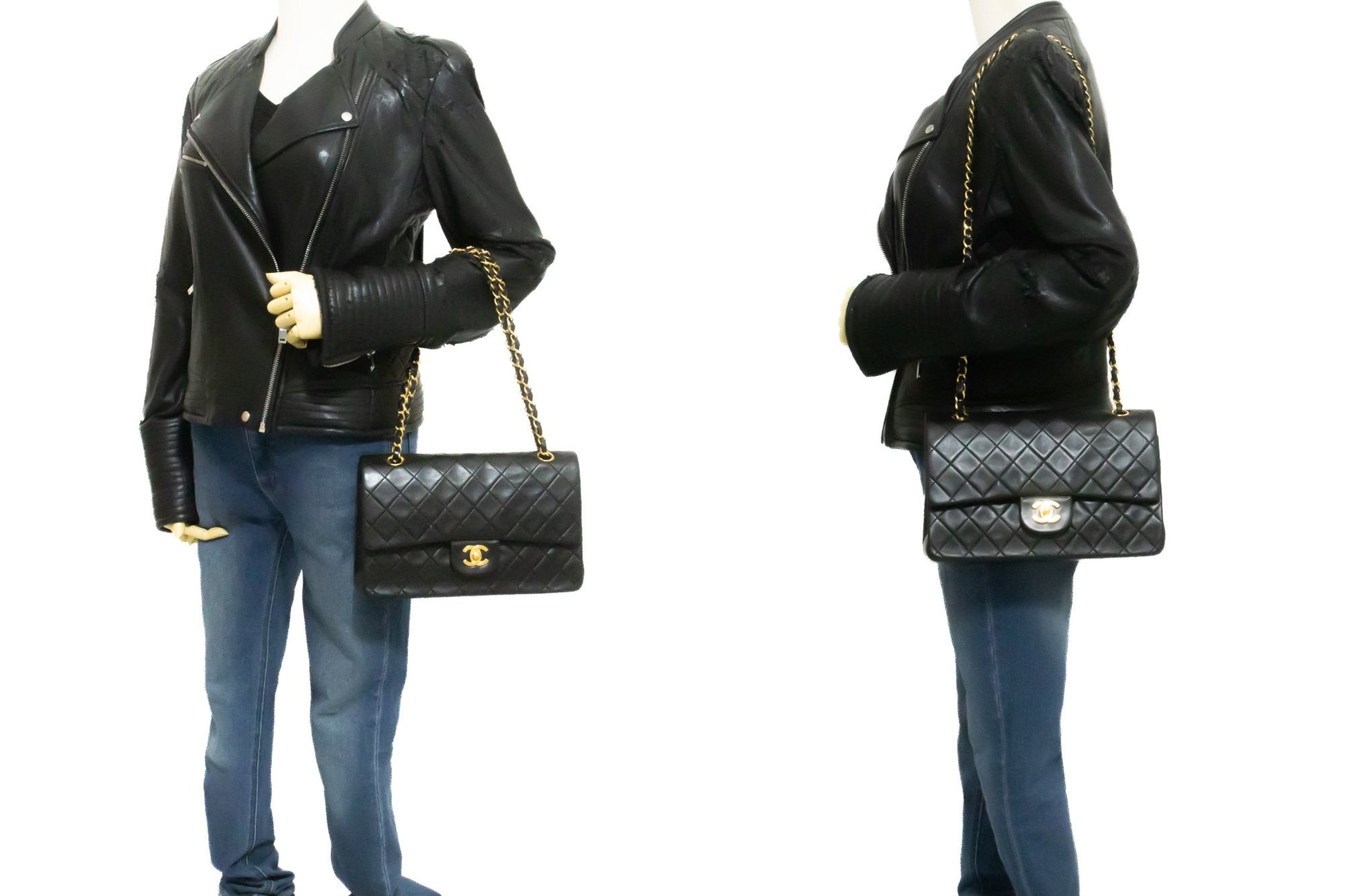CHANEL Classic Double Flap 10" Ketten-Umhängetasche Schwarz Lammleder am1 hannari-shop
