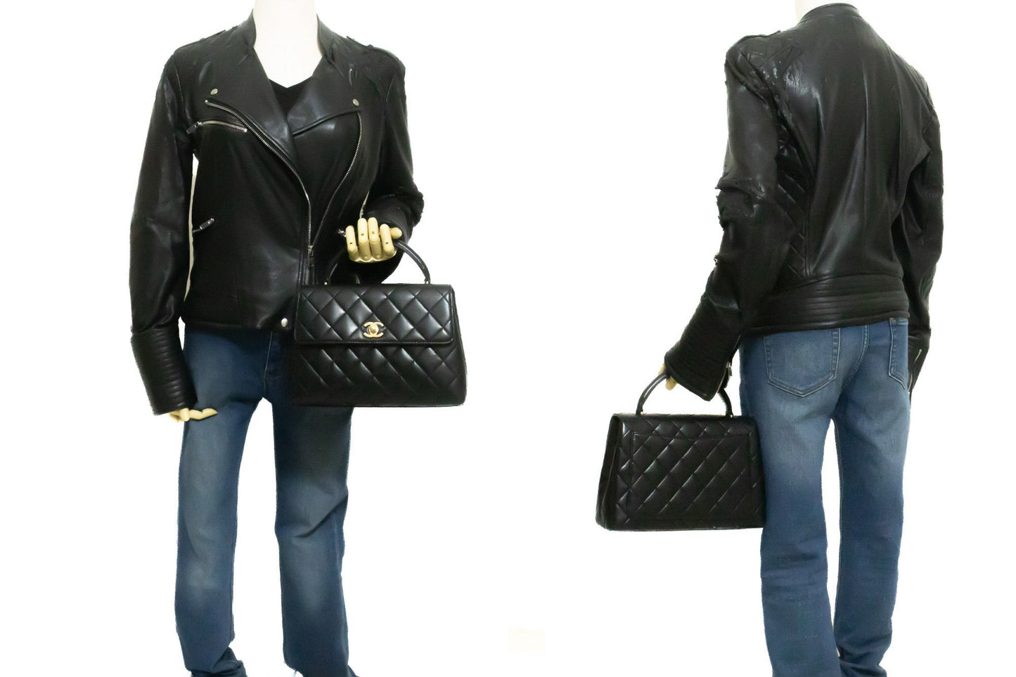 CHANEL Lamskin Handbag Top Handle Small Bag Kelly Black Flap an2 hannari-shop